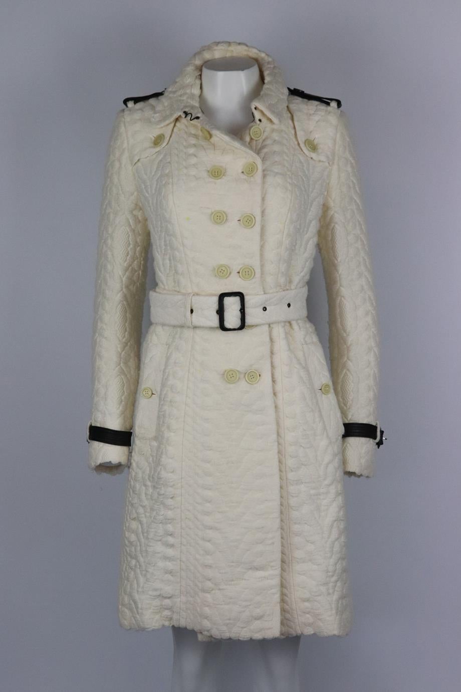 Burberry Prorsum belted double breasted boucle wool and silk blend trench coat. Cream. Long sleeve, crew neck. Button and belt fastening at front. 84% Wool, 11% polyamide, 5% silk; lining: 100% viscose; trim: 100% leather. Size: IT 44 (UK 12, US 8,