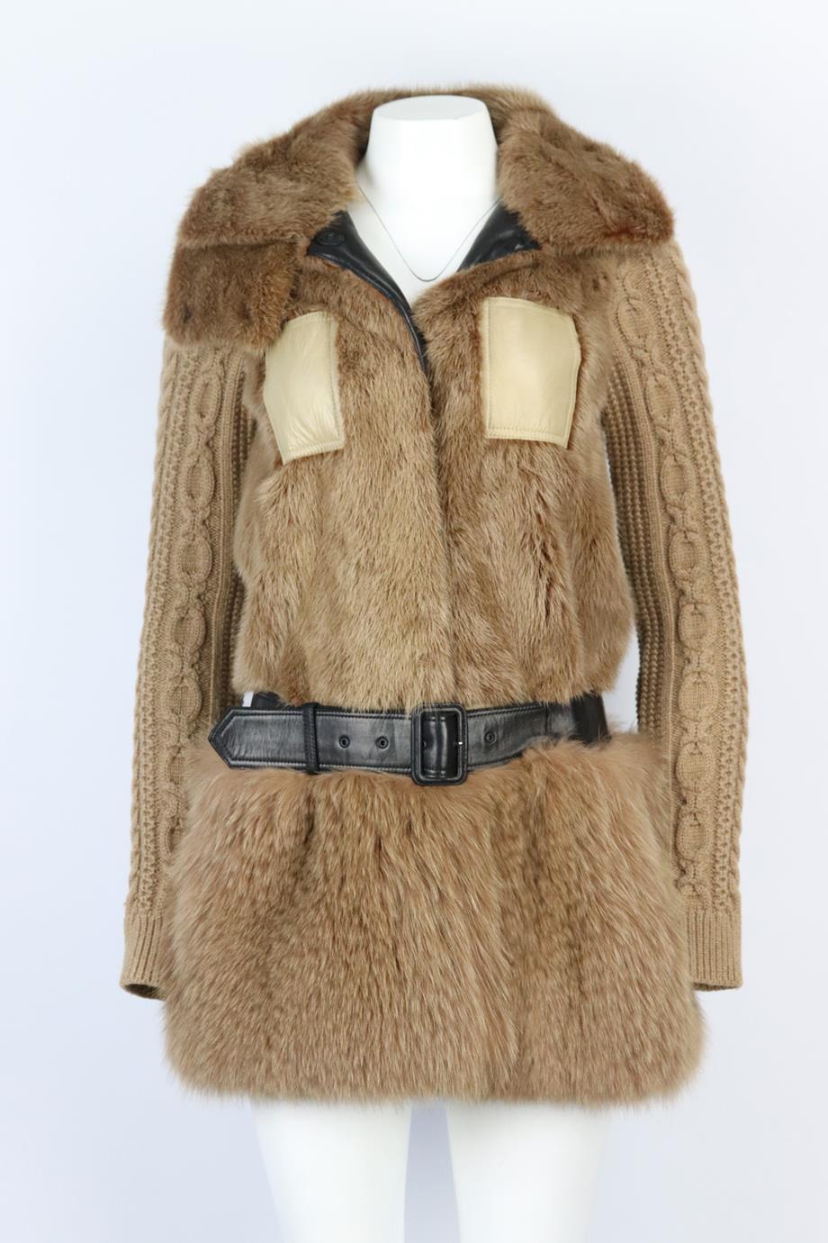 Burberry Prorsum belted fox fur and cable knit cashmere coat. Brown. Long sleeve, crewneck. Button and belt fastening at front. 100% Fox fur; lining: 100% viscose; trim: 100% cashmere; accessories: 100% leather. Size: IT 38 (UK 6, US 2, FR 34).
