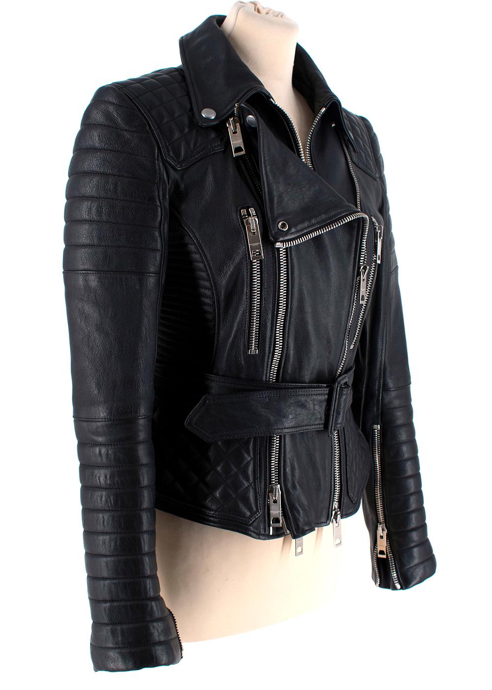 Burberry Prorsum Black Belted Biker Jacket

- Off-centre zip closure
- Quilted panels
- Slim fit silhouette
- Fully lined
- Silver tone zip details at the cuffs

Materials:
100% Leather
Lining - 100% Viscose

Made in Italy
Specialist leather clean