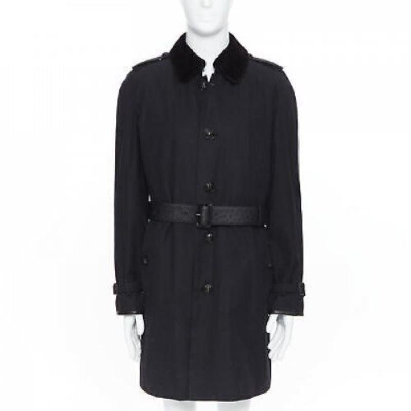 BURBERRY PRORSUM black cotton removable rabbit fur lining ostrich belt trench L In Good Condition For Sale In Hong Kong, NT