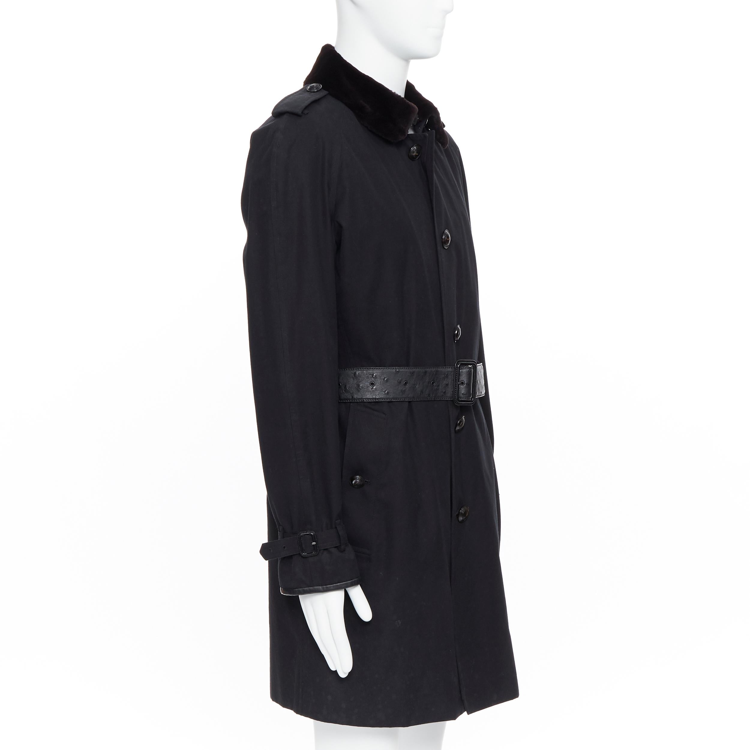 BURBERRY PRORSUM black cotton removable rabbit fur lining ostrich belt trench L In Excellent Condition In Hong Kong, NT