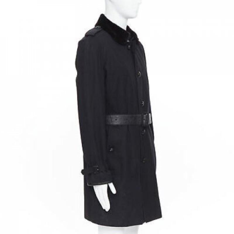 Men's BURBERRY PRORSUM black cotton removable rabbit fur lining ostrich belt trench L For Sale