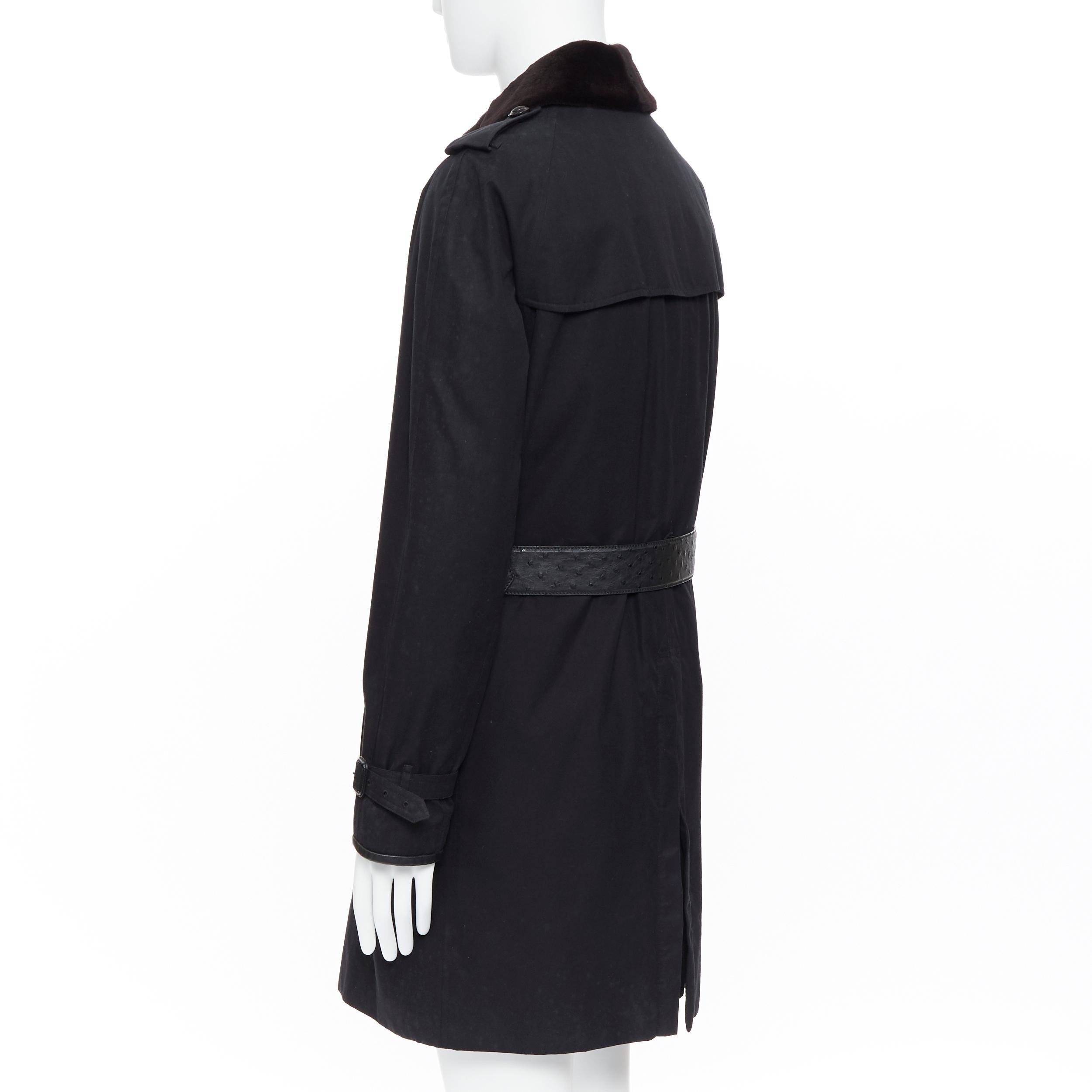 Men's BURBERRY PRORSUM black cotton removable rabbit fur lining ostrich belt trench L