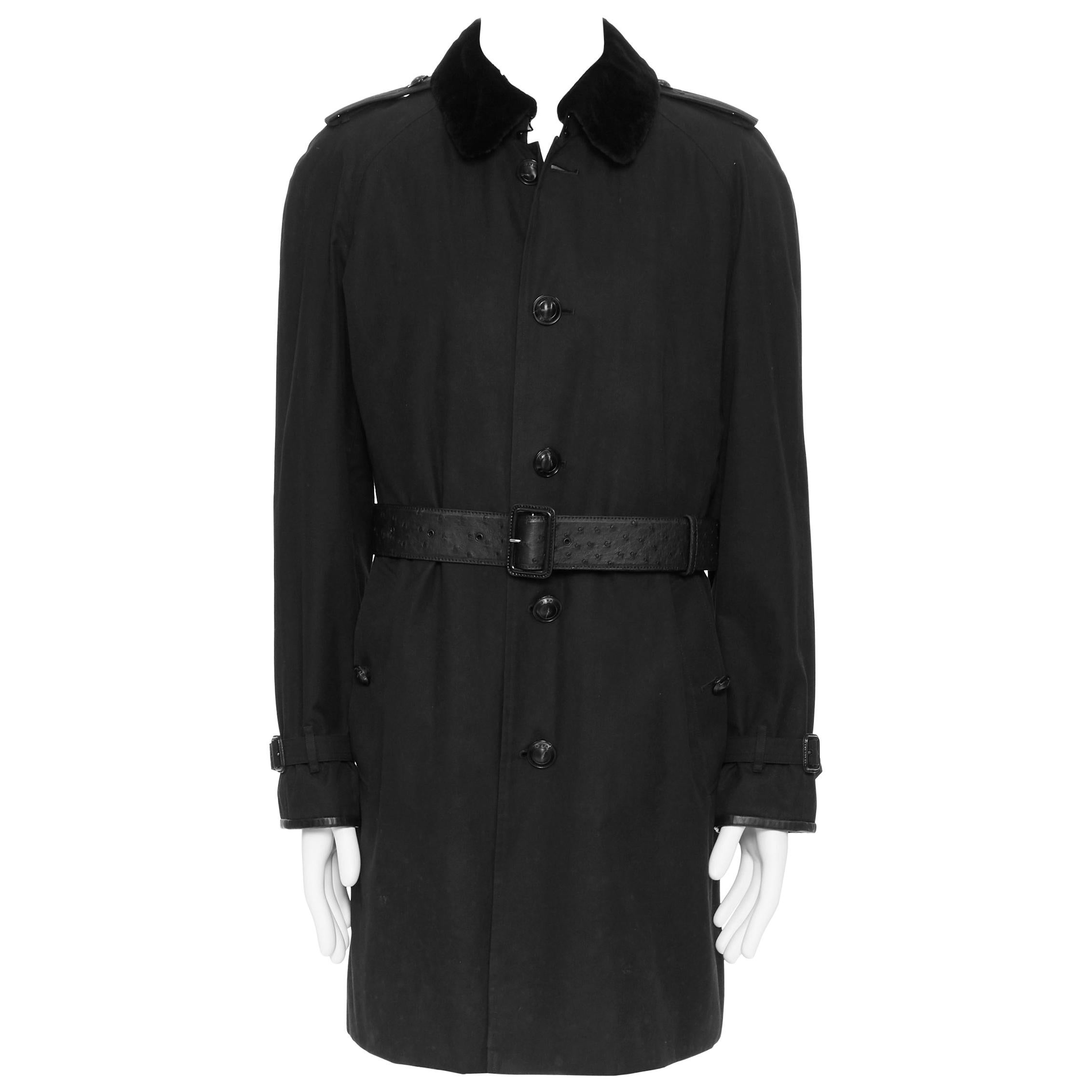 BURBERRY PRORSUM black cotton removable rabbit fur lining ostrich belt trench L