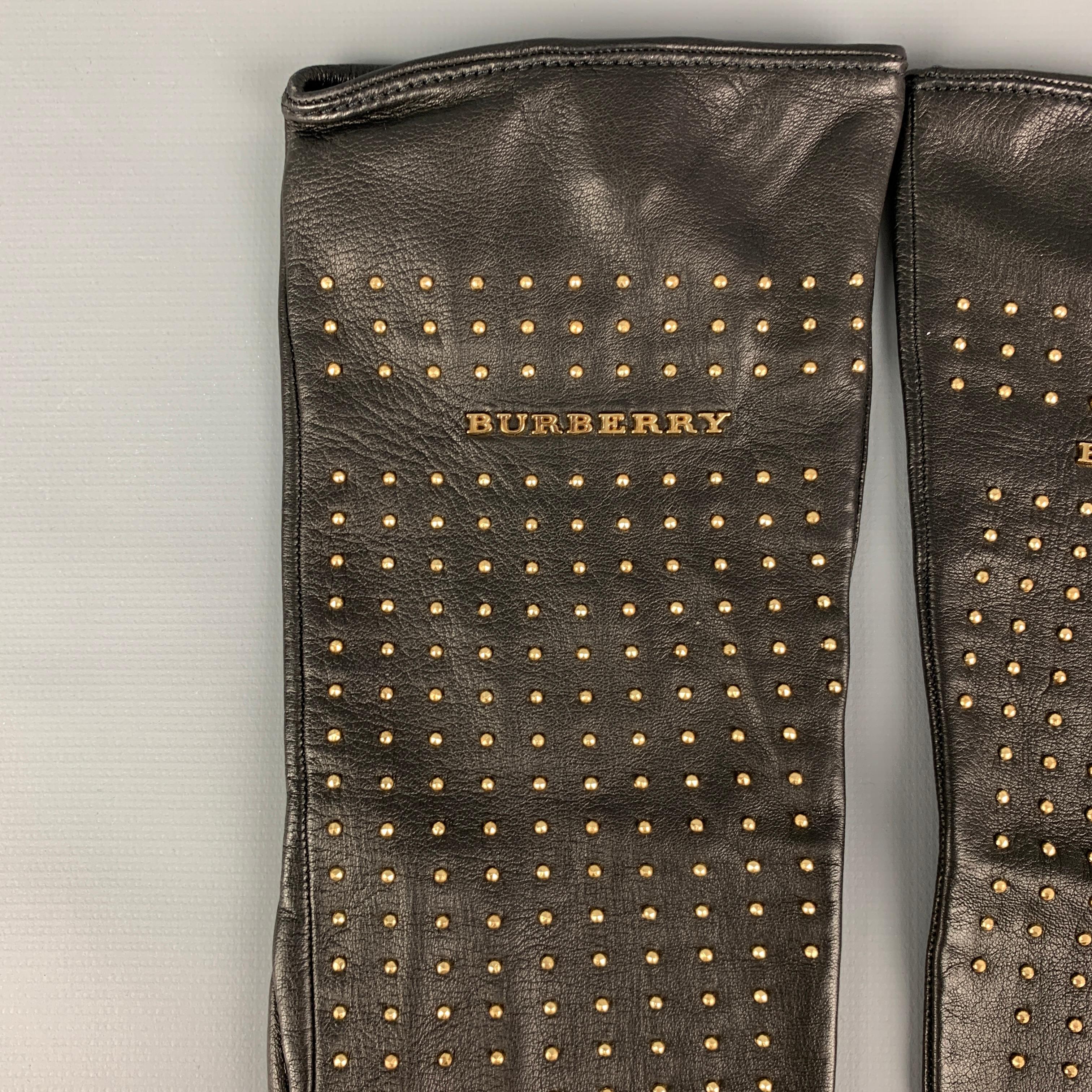 BURBERRY PRORSUM Black Gold Studded Kidskin Leather Silk Lined Gloves In New Condition In San Francisco, CA