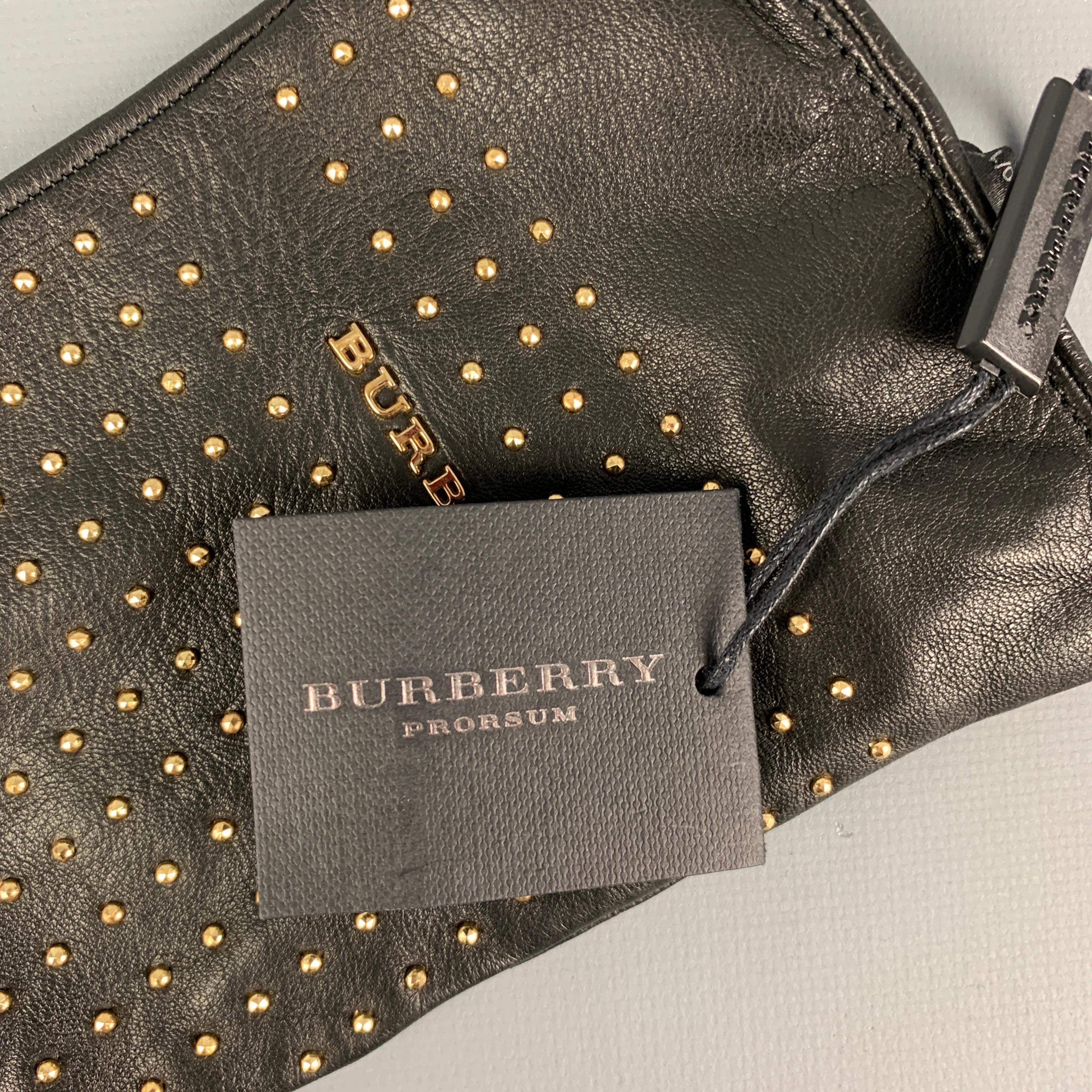 BURBERRY PRORSUM Black Gold Studded Kidskin Leather Silk Lined Gloves 1