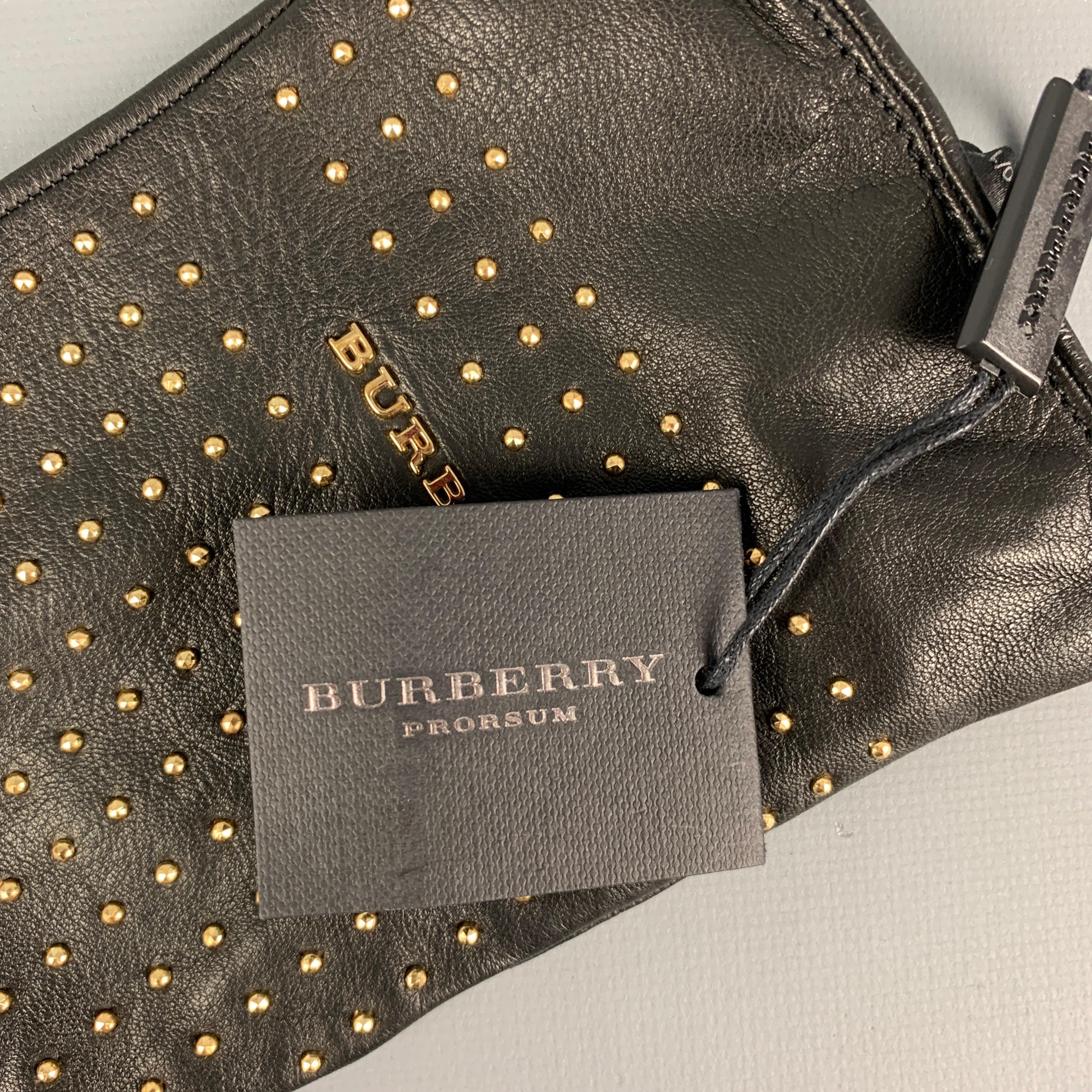 BURBERRY PRORSUM Black Gold Studded Kidskin Leather Silk Lined Gloves For Sale 2