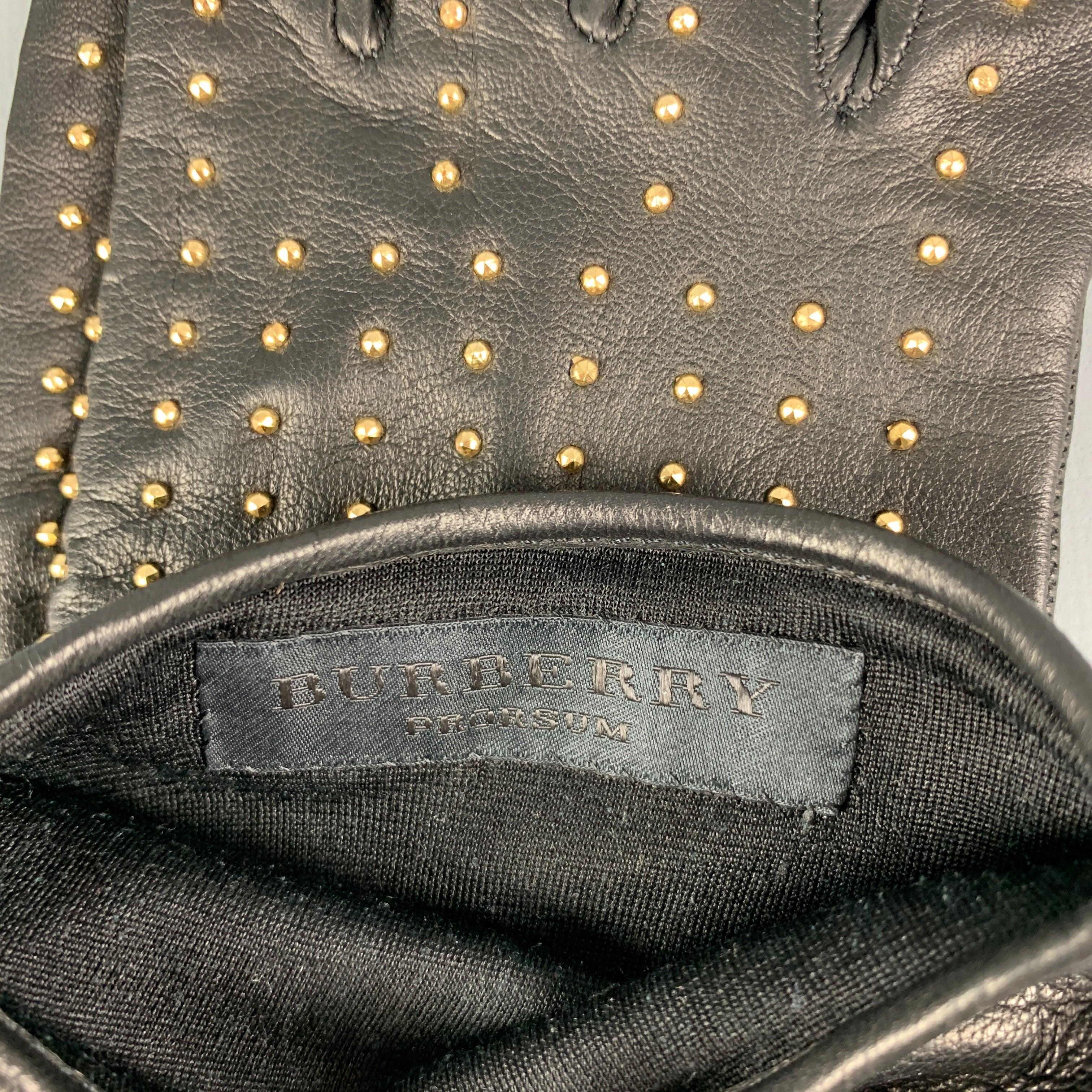 BURBERRY PRORSUM Black Gold Studded Kidskin Leather Silk Lined Gloves For Sale 3