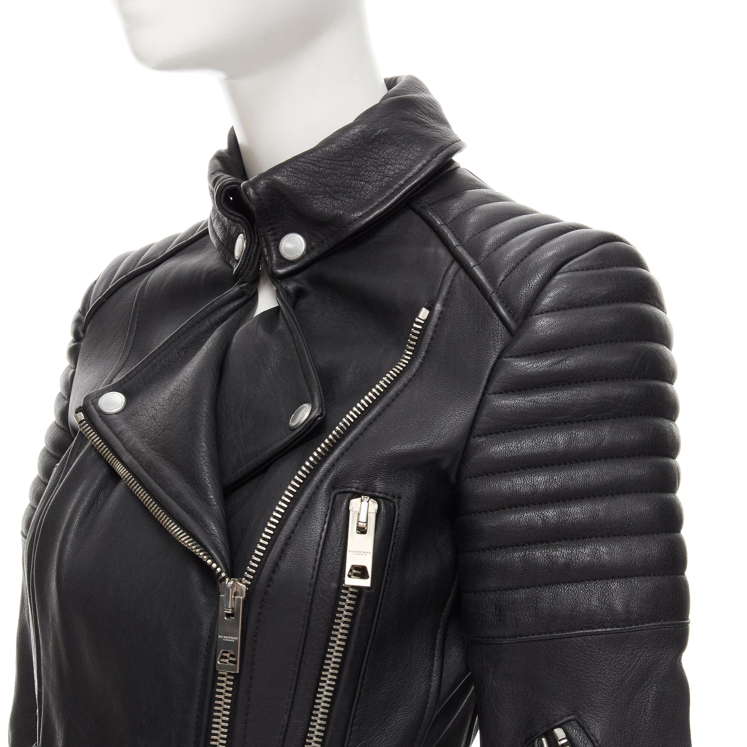 BURBERRY PRORSUM black motorcycle ribbed leather biker dress IT38 XS 
Reference: TGAS/C01086 
Brand: Burberry Prorsu 
Material: Leather 
Color: Black 
Pattern: Solid 
Closure: Zip 
Extra Detail: Black leather upper. Silver-tone hardware. Logo signed