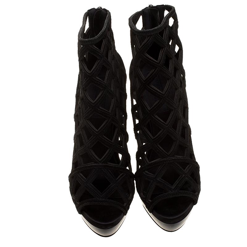 Burberry Prorsum Black Suede Edenside Cage Wedge Ankle Boots Size 39 In New Condition In Dubai, Al Qouz 2