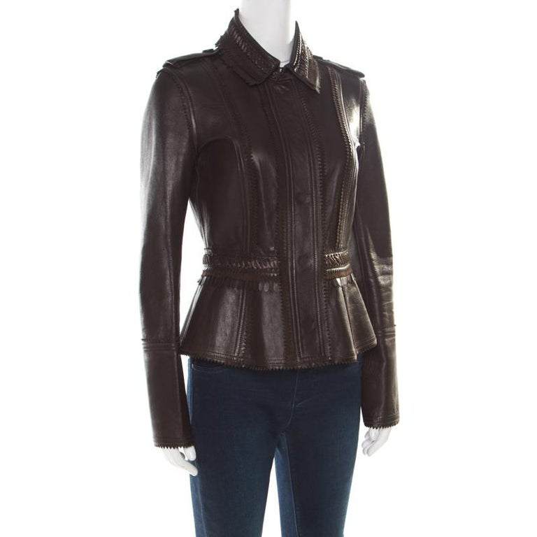 Burberry Prorsum Brown Lamb Leather Fringed Trim Jacket S For Sale at ...
