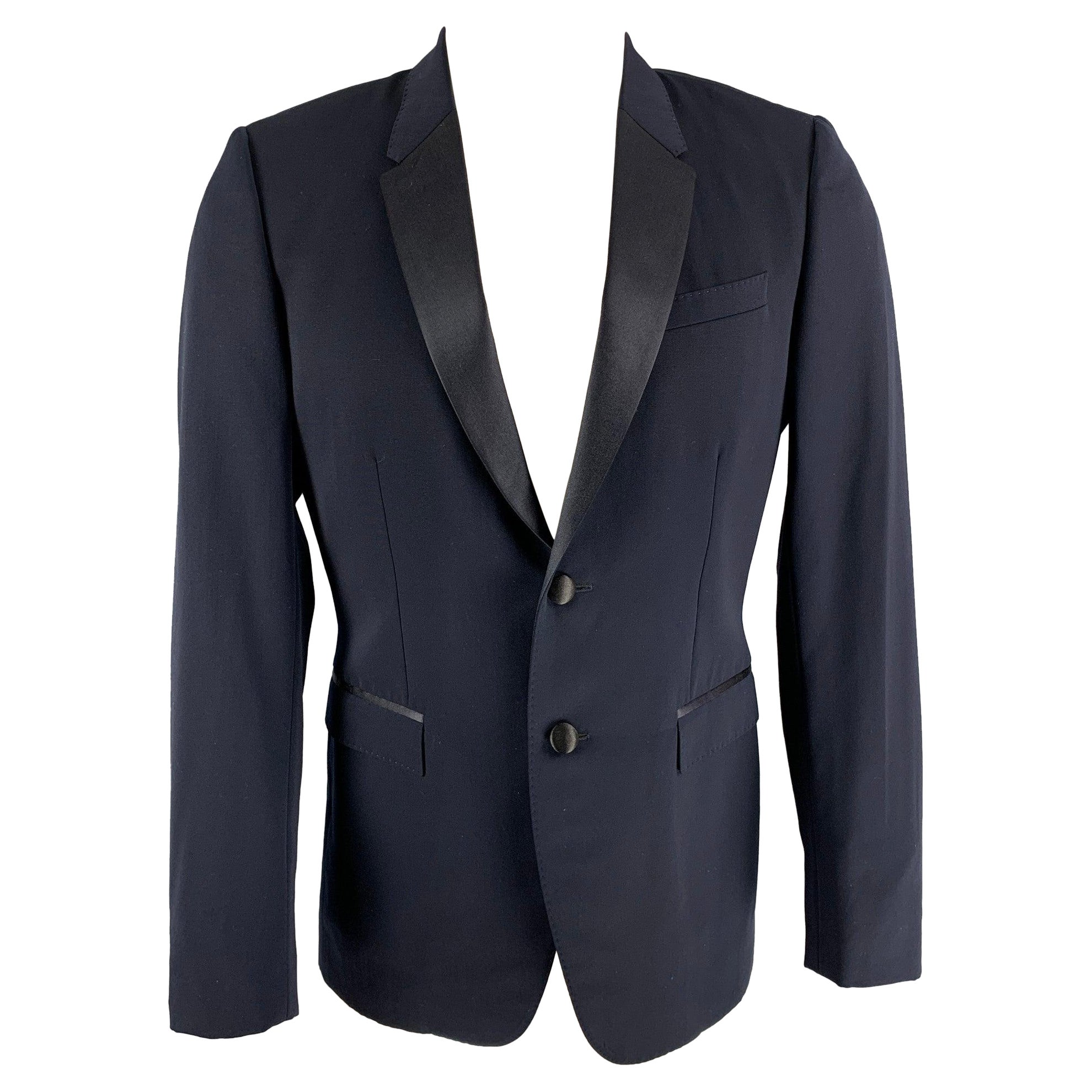 Burberry Prorsum Taglia 40 Regolare Cappotto Sportivo Tuxedo in Lana Vergine Blu Navy