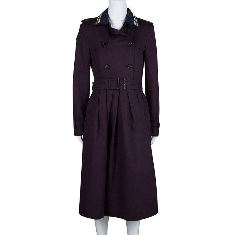 Black Burberry Prorsum Contrast Beaded Crochet Collar Detail Belted Trench Coat M