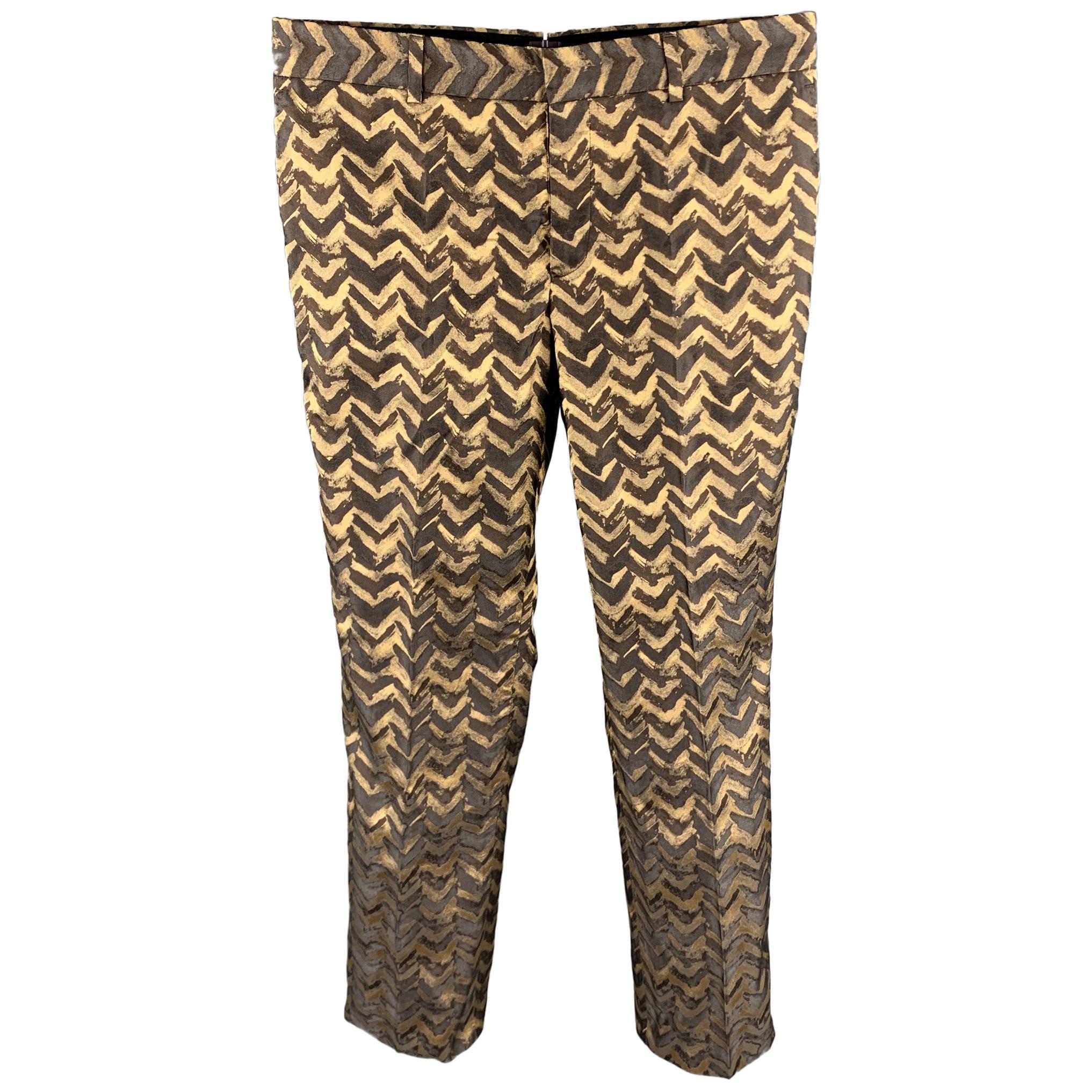 BURBERRY PRORSUM Fall 2007 Size 32 Metallic Gold 
Brown Print Silk Dress Pants