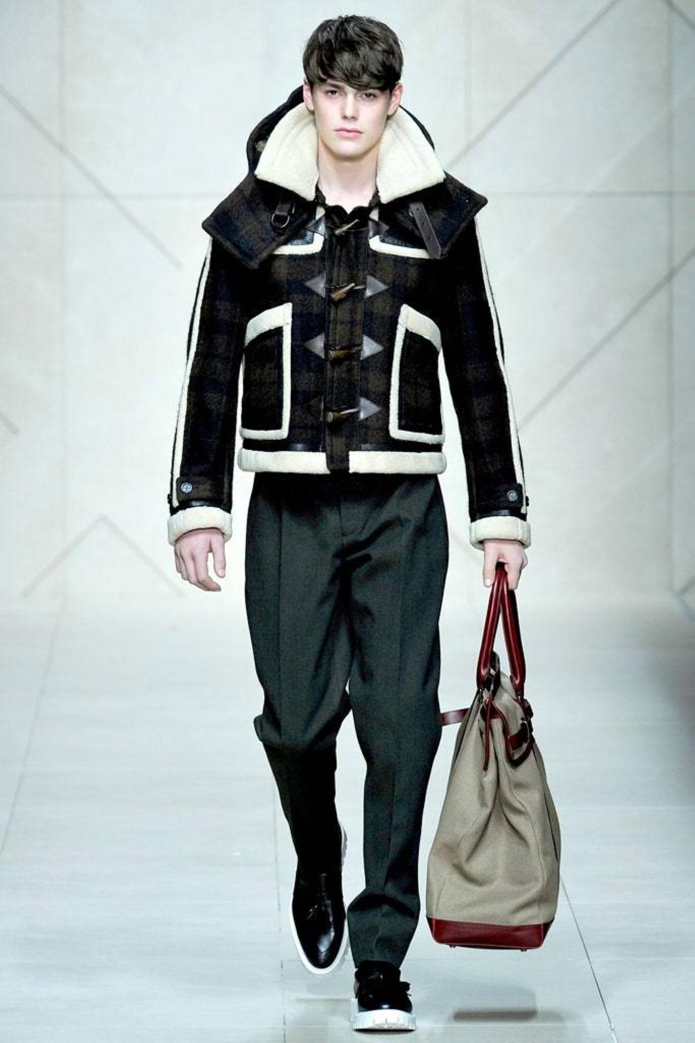 Burberry Prorsum Fall 2011 Brown Shearling Leather Trim Check Blouson Jacket by Christopher Bailey. Features Leather and shearling trim trace contrasting outlines, Colorblocking brown check with tonal leather details, Black lambskin and cream