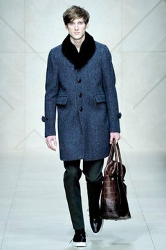 BURBERRY PRORSUM Fall 2011 Size 42 Blue Zig Zag Wool Removable Mink Collar Coat