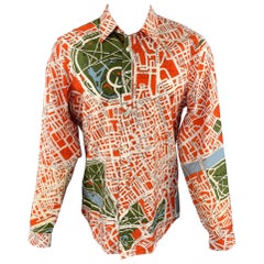 BURBERRY PRORSUM Fall 2014 L Orange London Map Print Cotton Long Sleeve Shirt