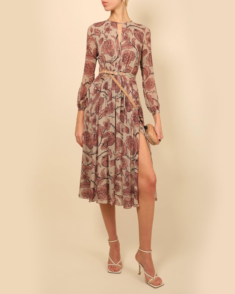 Burberry Prorsum Fall 2014 pink floral plunging slit flared silk midi dress  IT40 at 1stDibs | floral dresses 2014, burberry midi dress, burberry  prorsum dress