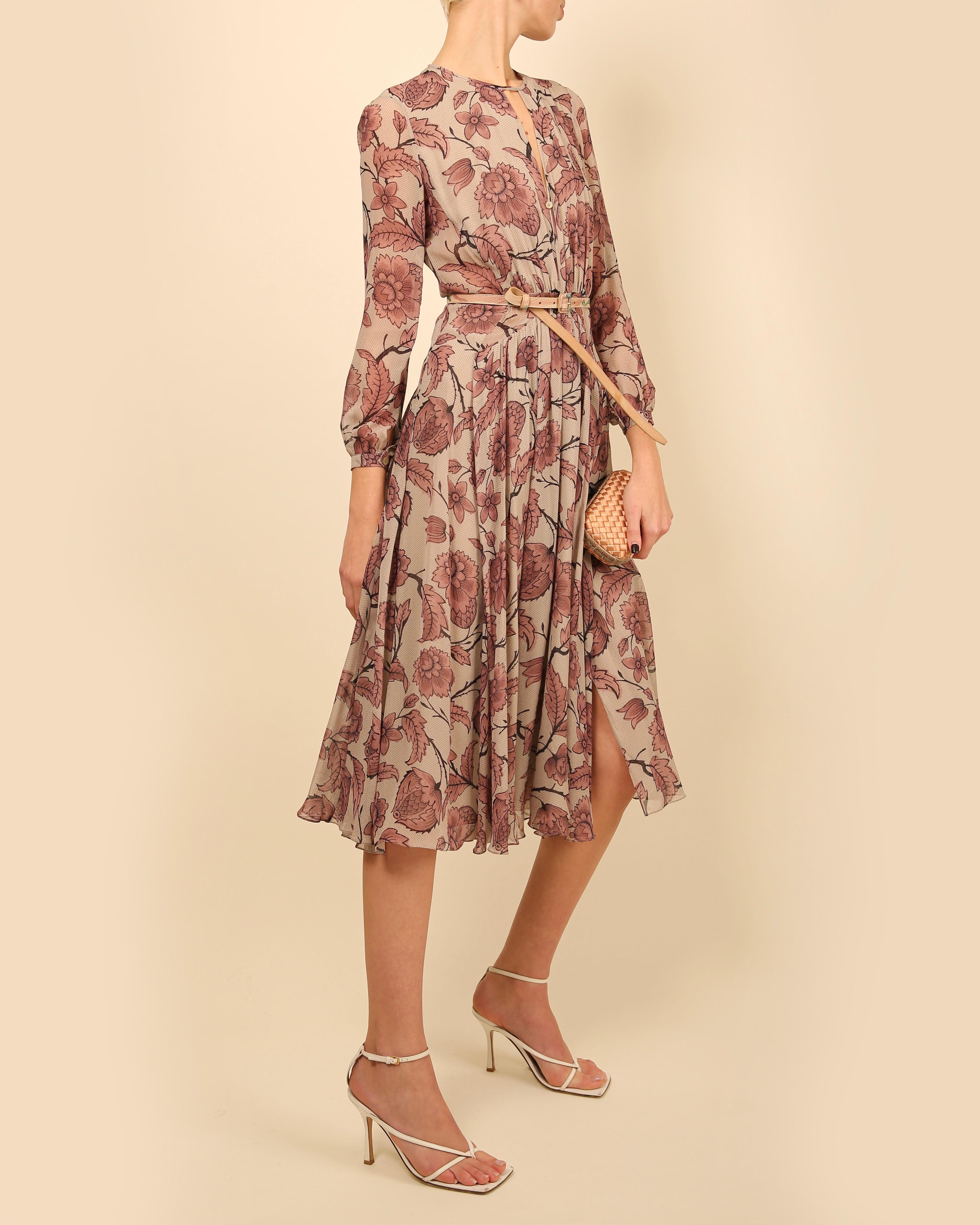 Burberry Prorsum Fall 2014 pink floral plunging slit flared silk midi dress IT40 In Excellent Condition In Paris, FR