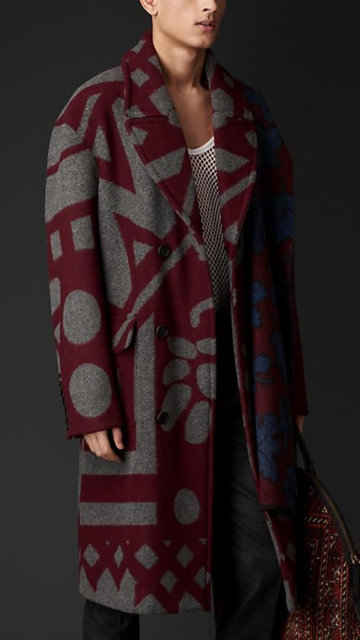 BURBERRY PRORSUM Fall 2014 Size 46 Burgundy Grey Floral Double Breasted Coat 3