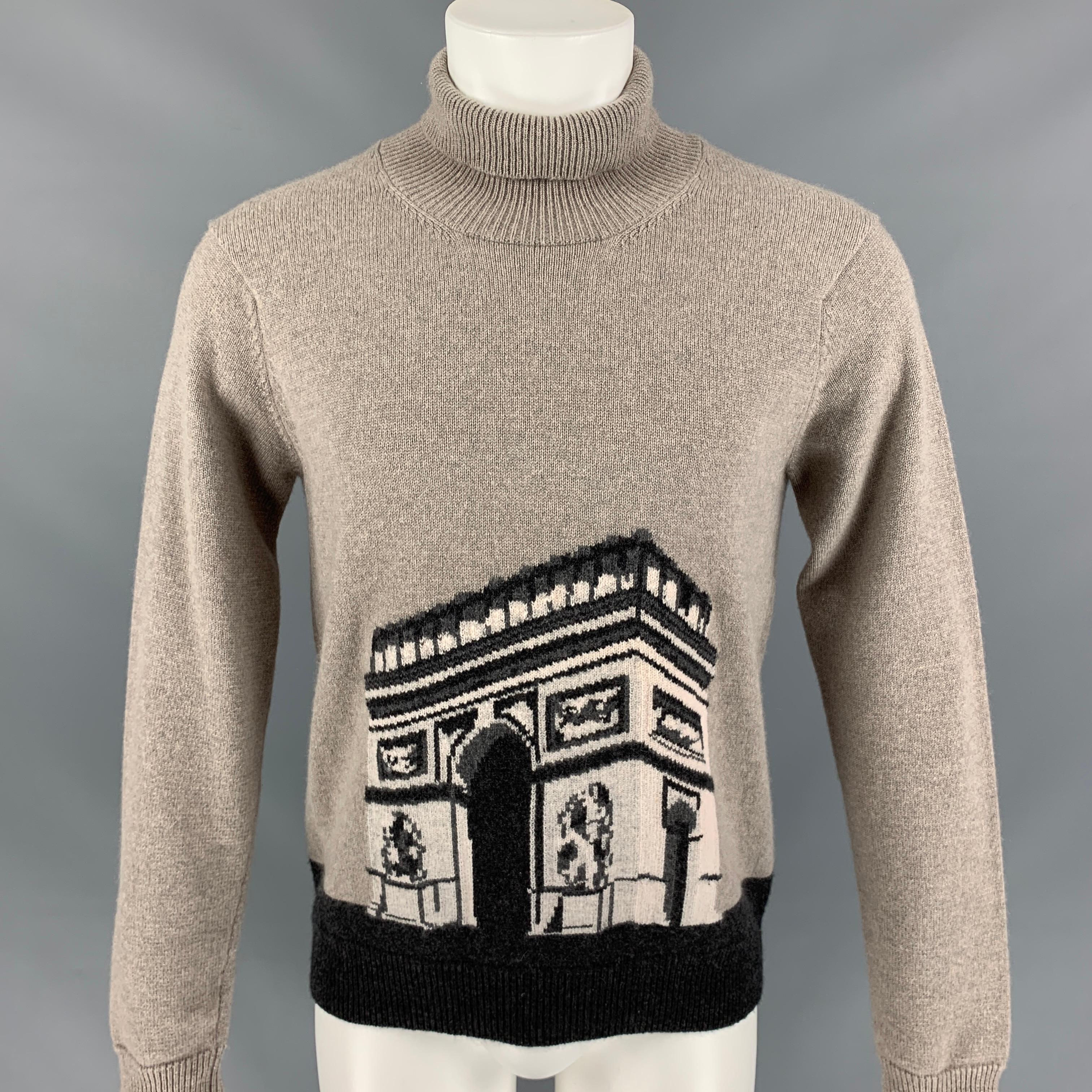 BURBERRY PRORSUM Fall 2014 sweater comes in a taupe & black cashmere with a 'Arch de Triumph' front design featuring a turtleneck. Made in United Kingdom. 

Excellent Pre-Owned Condition.
Marked: S

Measurements:

Shoulder: 18 in.
Chest: 40