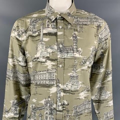 BURBERRY PRORSUM Fall 2014 Size XL Taupe & Beige London Landmark Print Shirt
