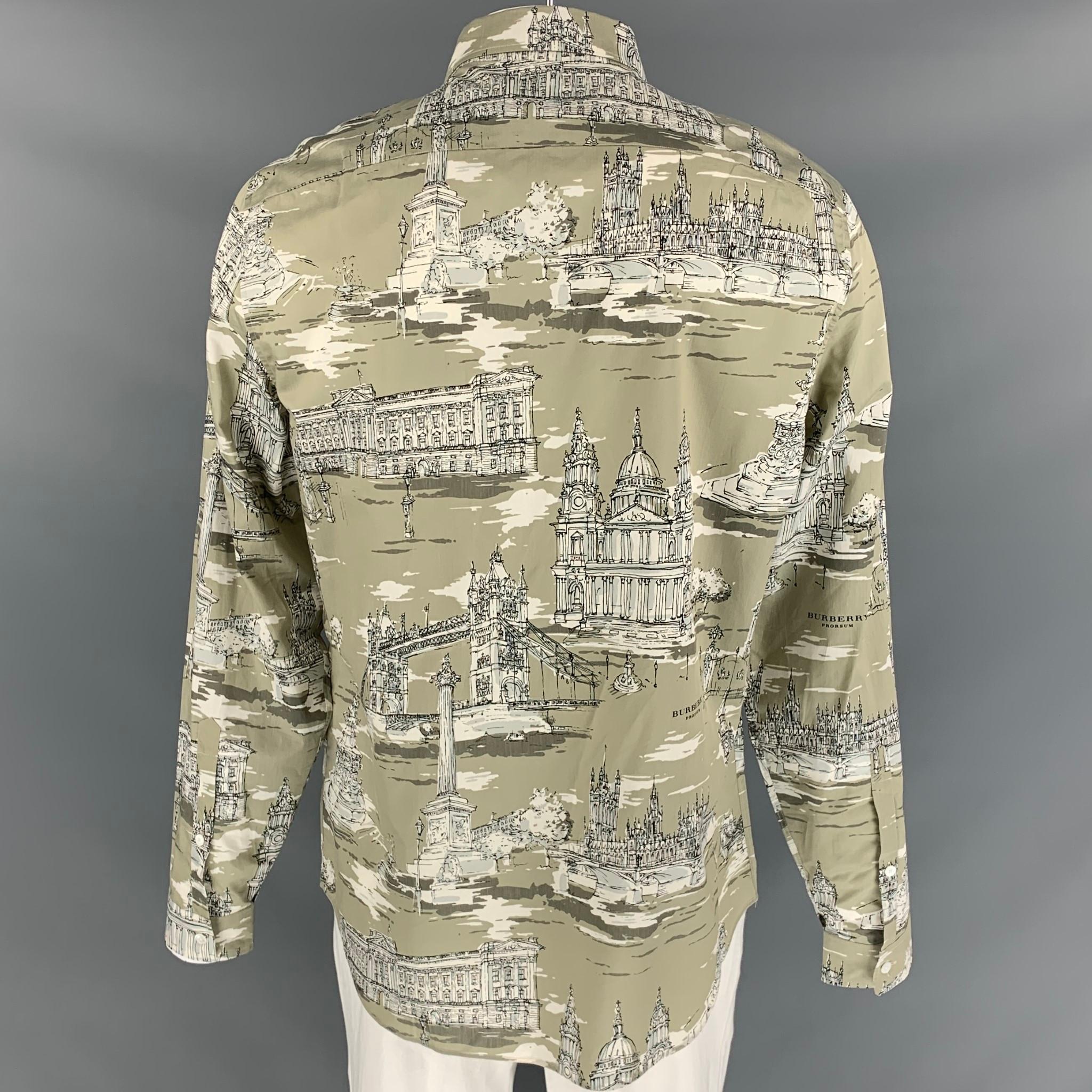 BURBERRY PRORSUM Fall 2014 Size XL Taupe & Beige London Landmark Print Shirt In Good Condition In San Francisco, CA