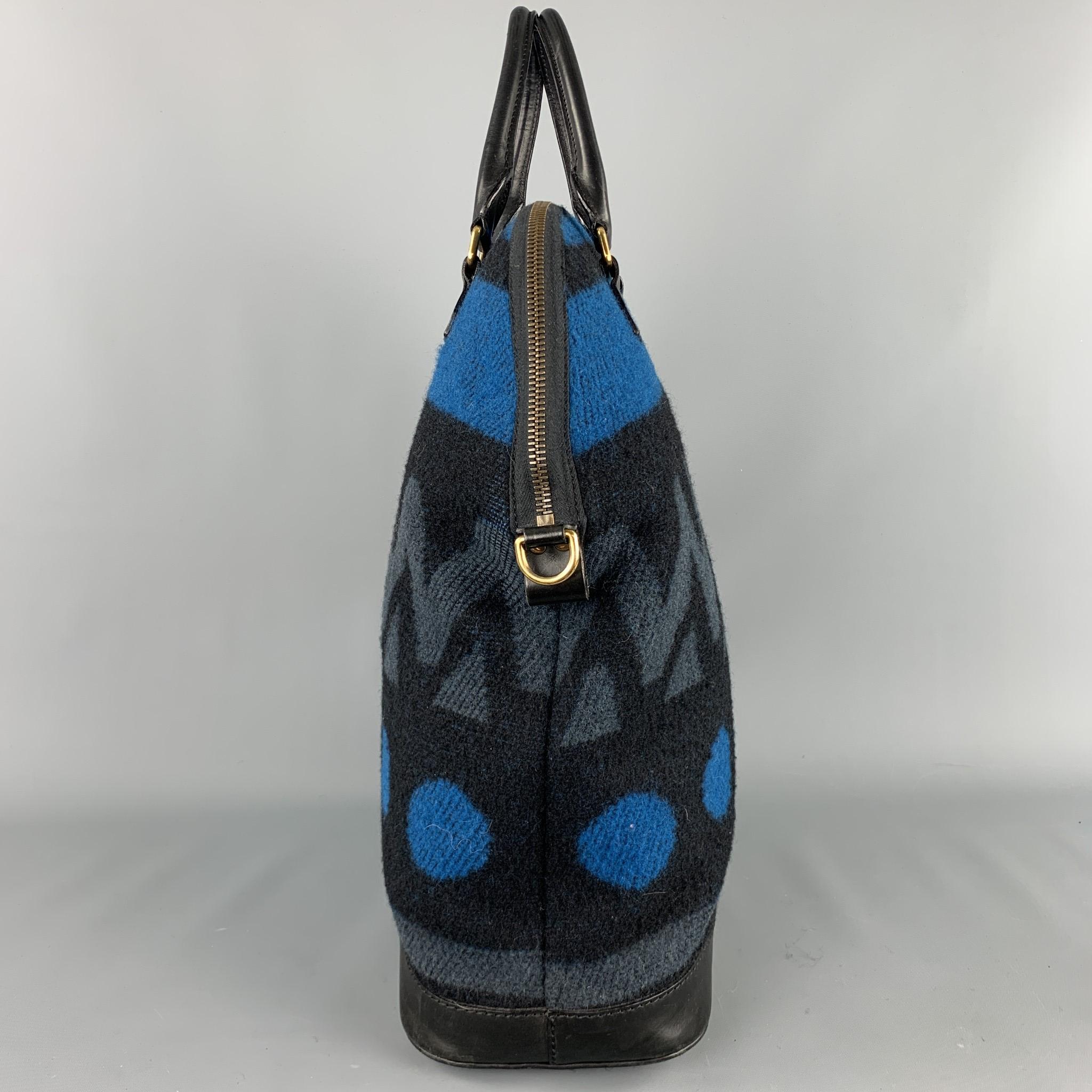 BURBERRY PRORSUM Fall 2014 St Ives Black & Blue Woven Geometric Wool Tote In Excellent Condition In San Francisco, CA