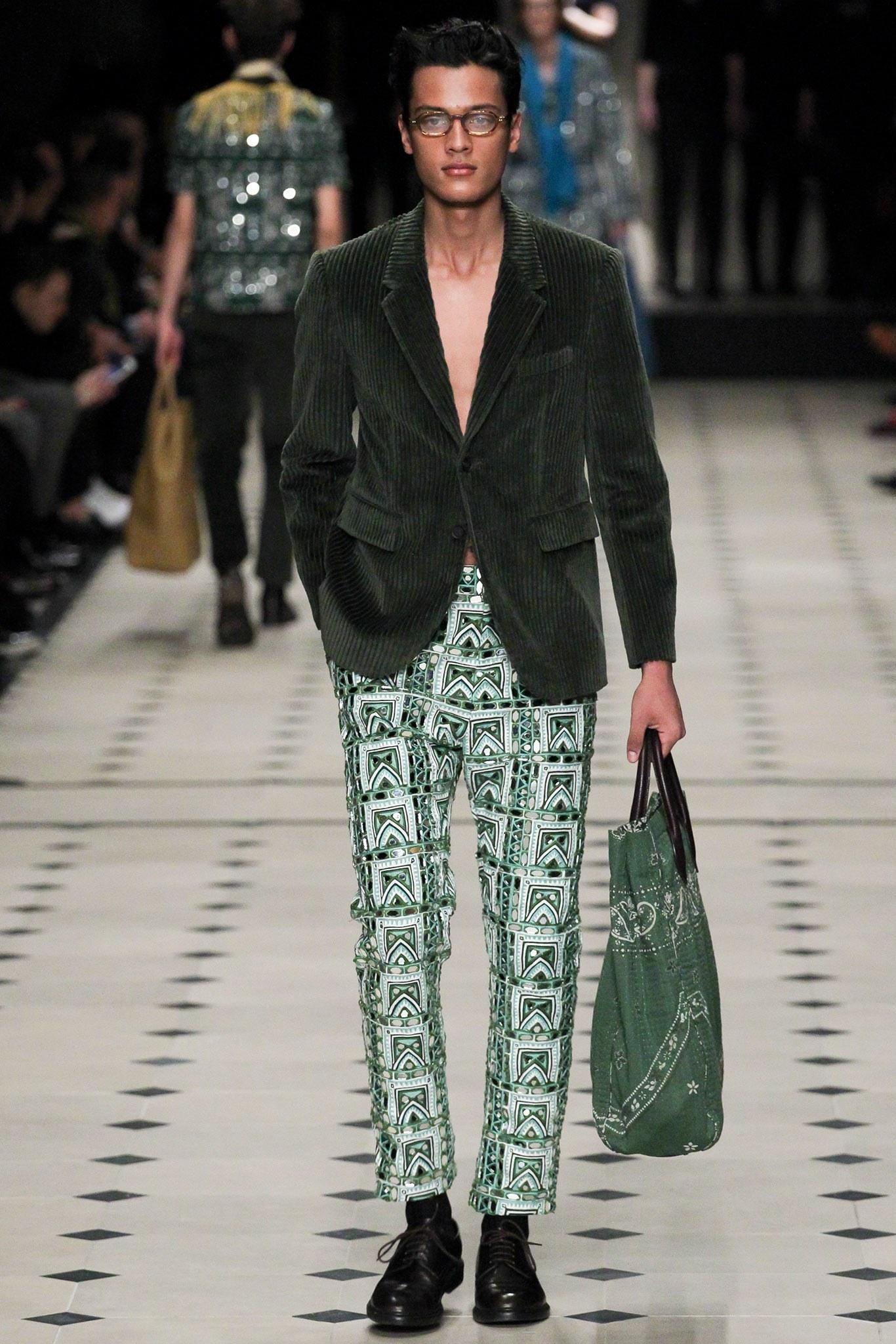BURBERRY PRORSUM Menswear Fall Winter 2015 Collection runway pants come in exquisite green fern and white woven and embellished mirrored Rajasthan material, fully lined with a slim fit.  Burberry Prorsum's last Menswear collection to show under