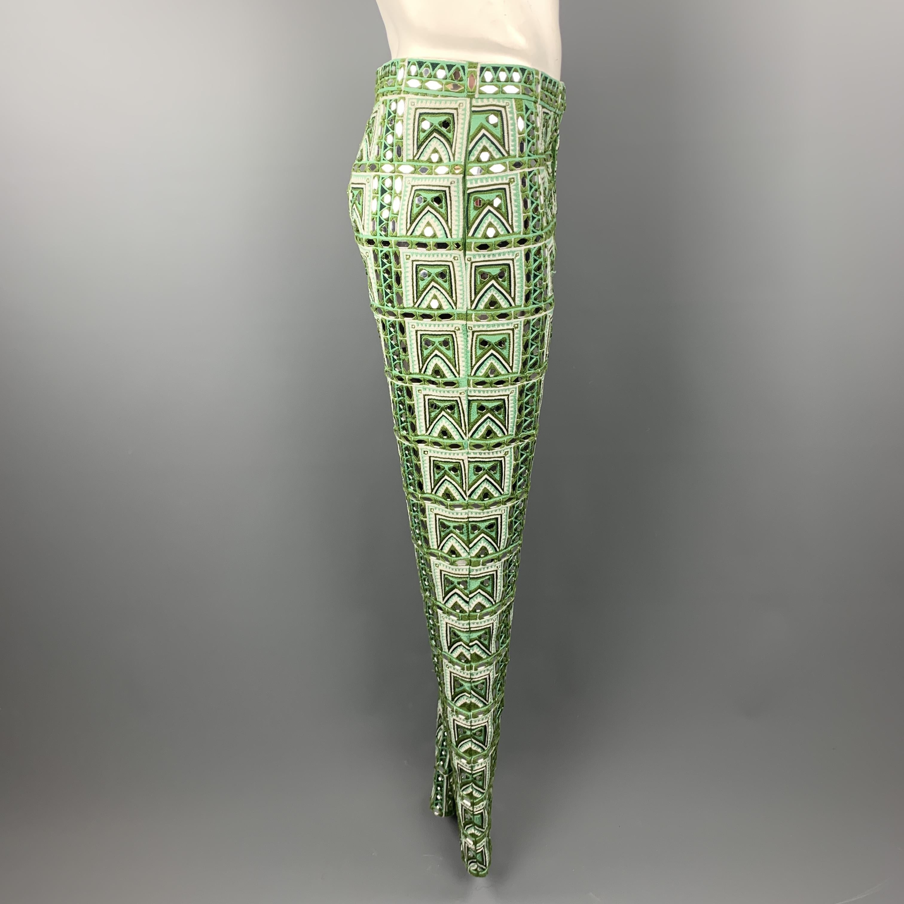 BURBERRY PRORSUM Fall 2015 Size 34 Green Fern Mirror Woven Rajasthani Pants 1