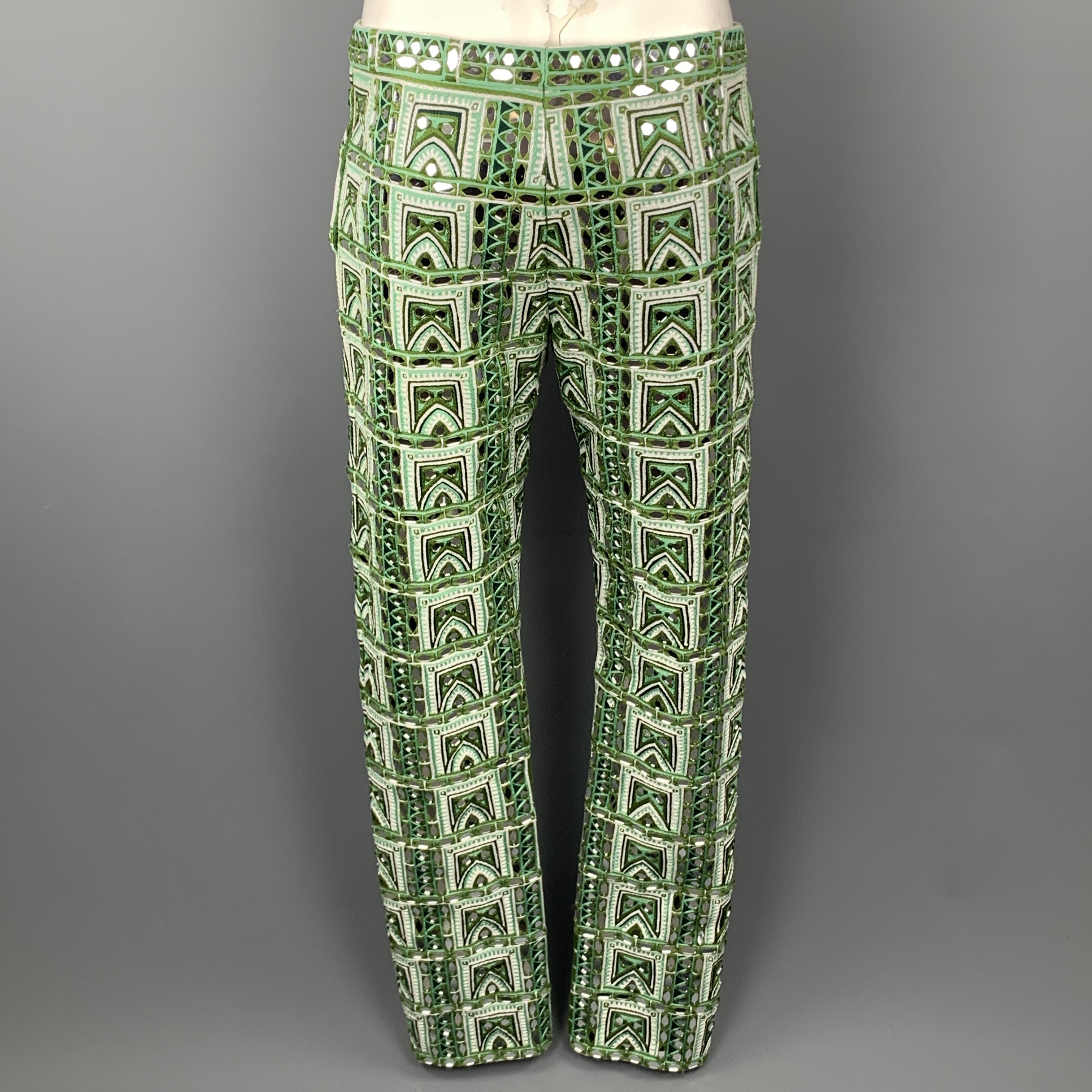 BURBERRY PRORSUM Fall 2015 Size 34 Green Fern Mirror Woven Rajasthani Pants 2