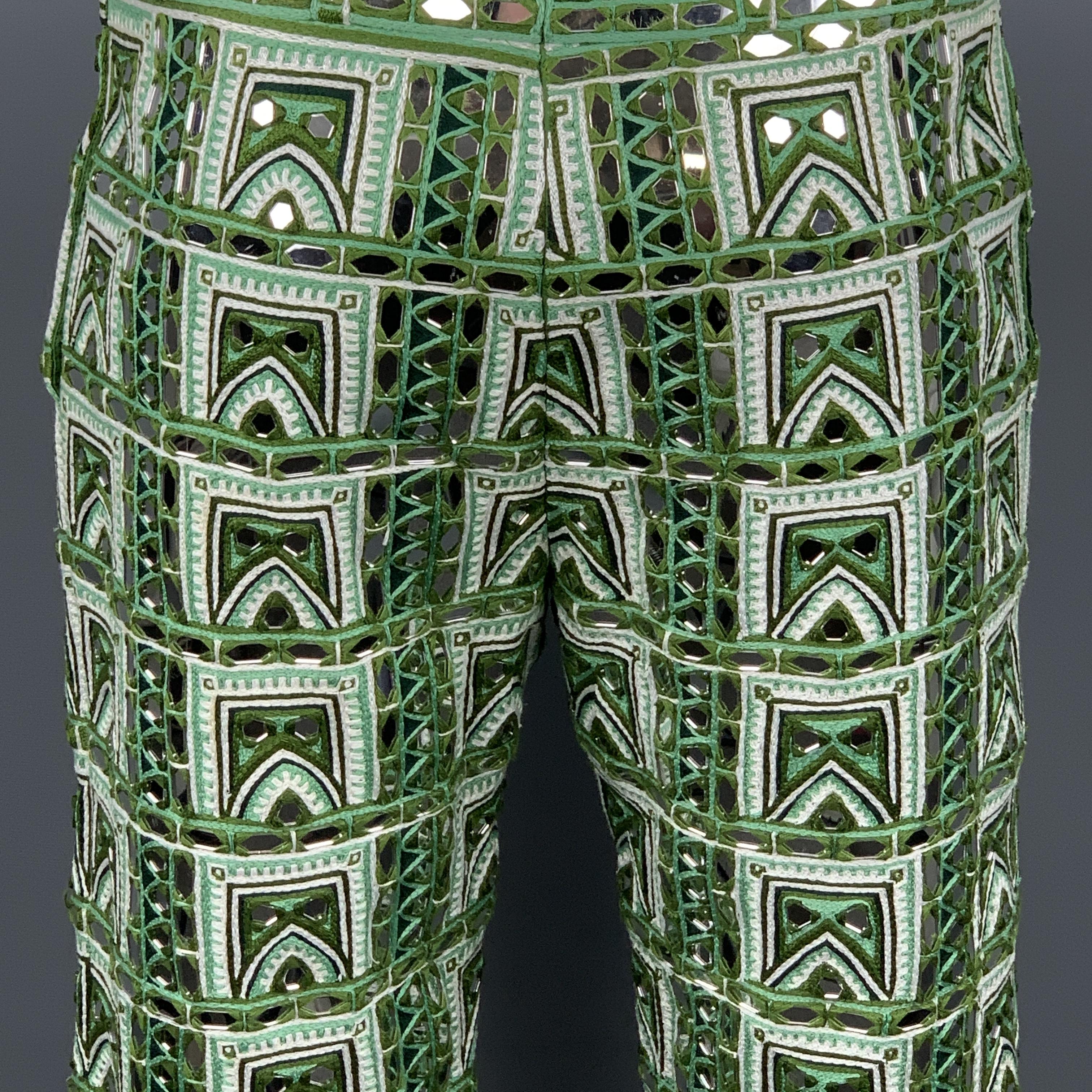 BURBERRY PRORSUM Fall 2015 Size 34 Green Fern Mirror Woven Rajasthani Pants 3