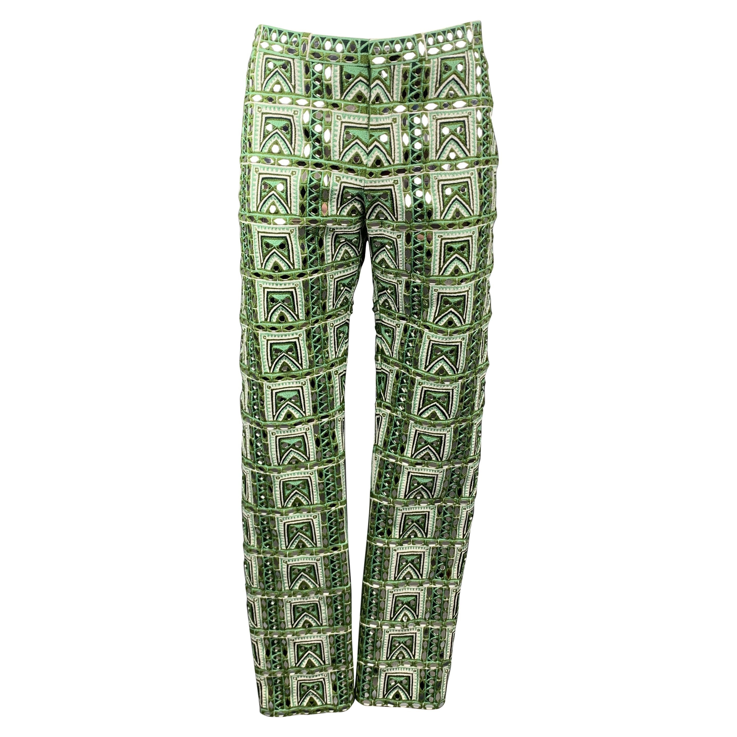 BURBERRY PRORSUM Fall 2015 Size 34 Green Fern Mirror Woven Rajasthani Pants