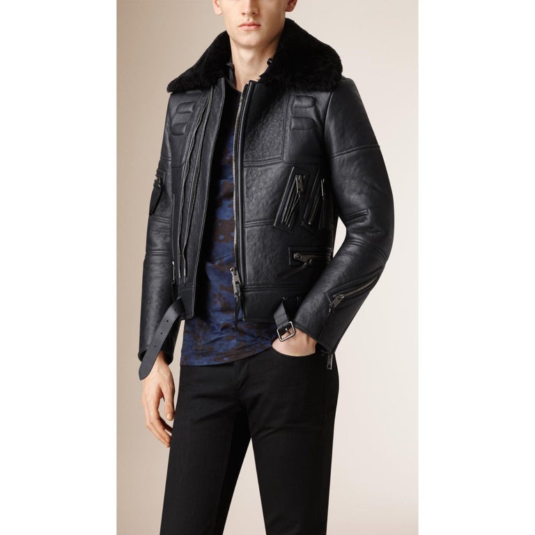 BURBERRY PRORSUM FW 2010 Size 38 Blue Black Lamb Leather Shearling