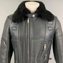 BURBERRY PRORSUM FW 2010 Size 38 Blue Black Lamb Leather Shearling Biker Jacket