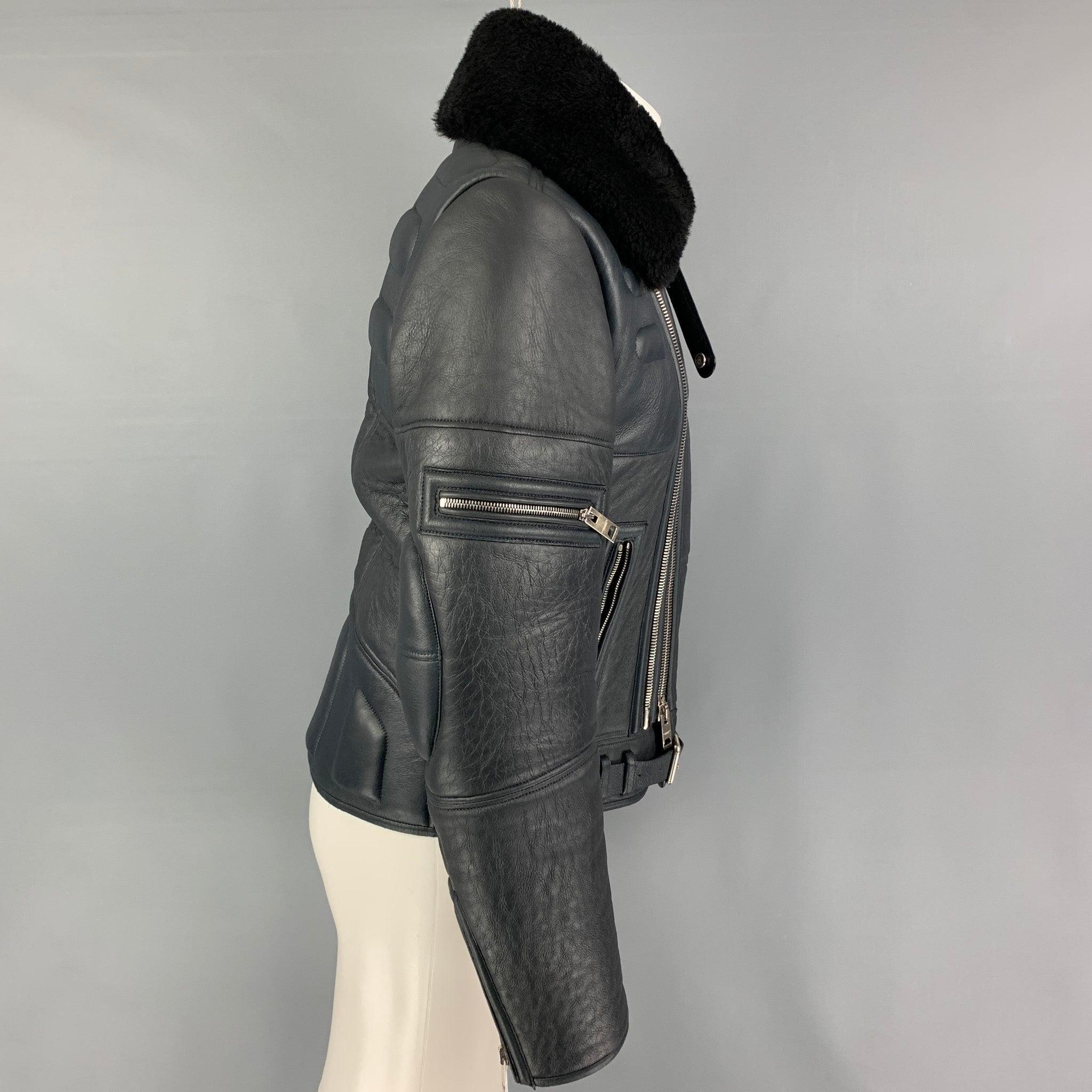 BURBERRY PRORSUM FW 2010 Size 38 Blue Black Lamb Leather Shearling Biker Jacket In Good Condition For Sale In San Francisco, CA
