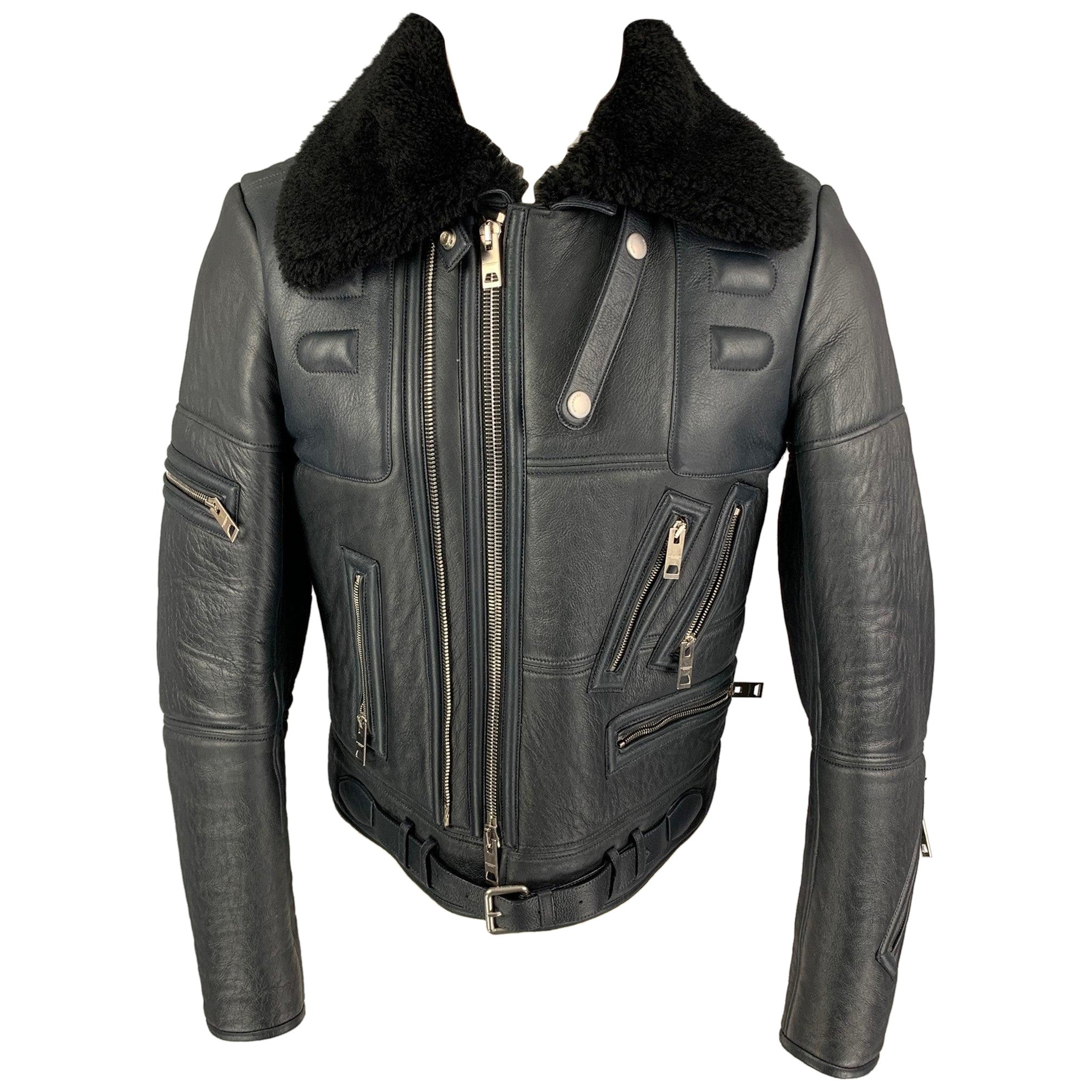Burberry Prorsum FW 2010 Taglia 38 Blu Nero Pelle d'Agnello Shearling Giacca Biker