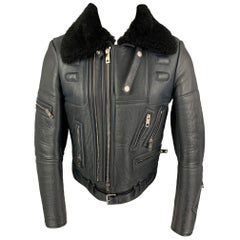 Burberry Prorsum FW 2010 Taglia 38 Blu Nero Pelle d'Agnello Shearling Giacca Biker