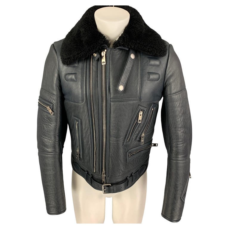 BURBERRY PRORSUM FW 2010 Size 38 Blue Black Lamb Leather Shearling Biker  Jacket For Sale at 1stDibs