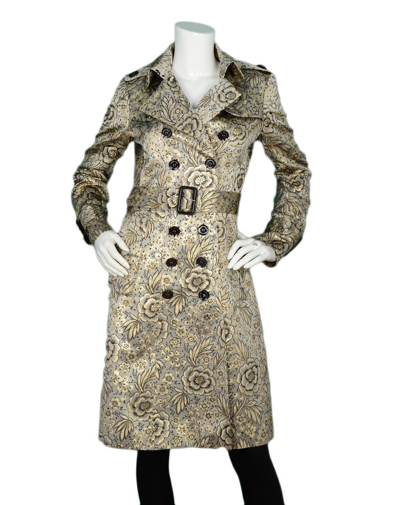 Burberry Prorsum Gold Floral Brocade Double Breasted Trench Coat