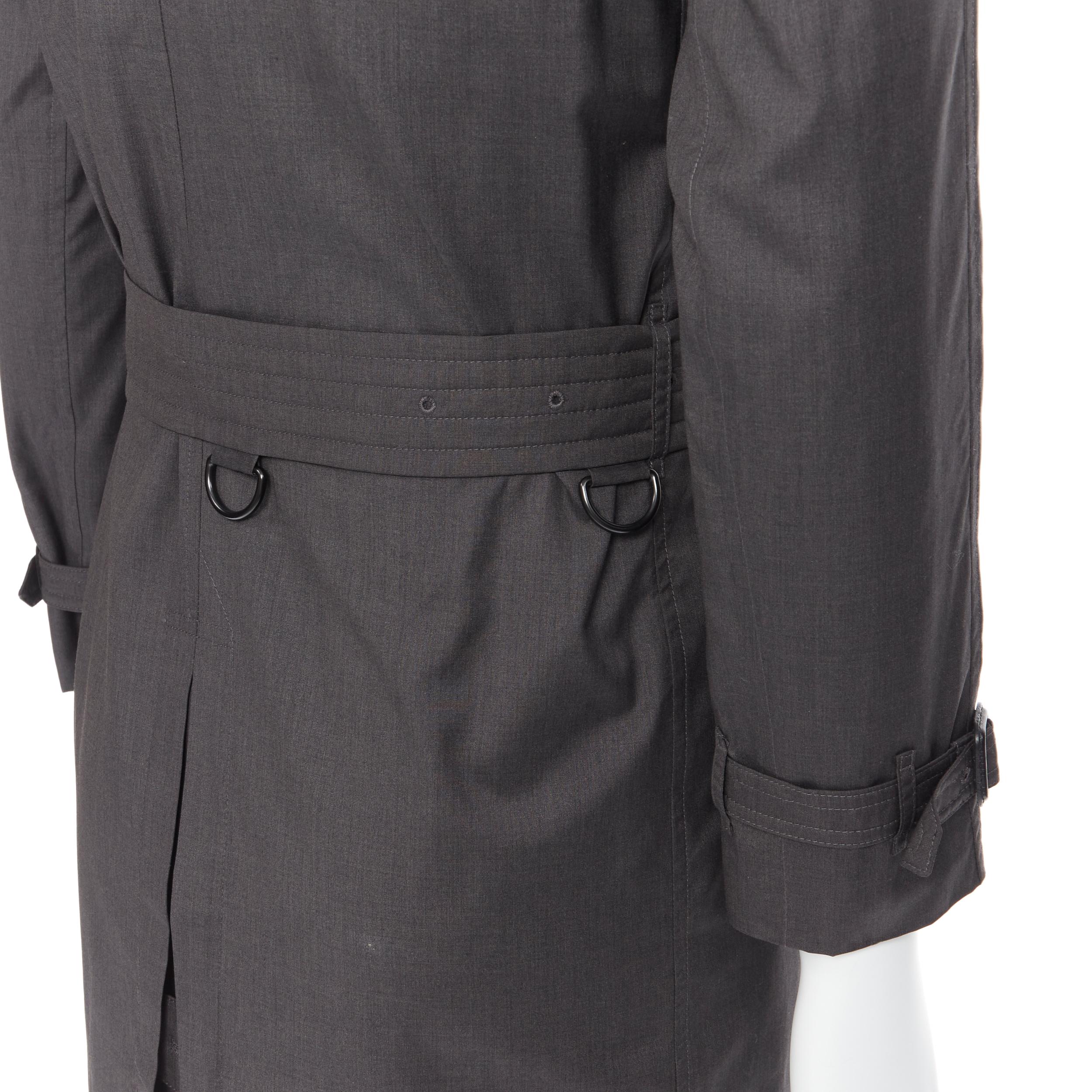 BURBERRY PRORSUM grey wool silk double breasted belted trench coat EU44 XS Reference: PRCN/A00040 
Brand: Burberry 
Material: Wool 
Color: Grey 
Pattern: Solid 
Closure: Button 
Extra Detail: Wool silk blend. Dark grey. Double breasted. Detachable