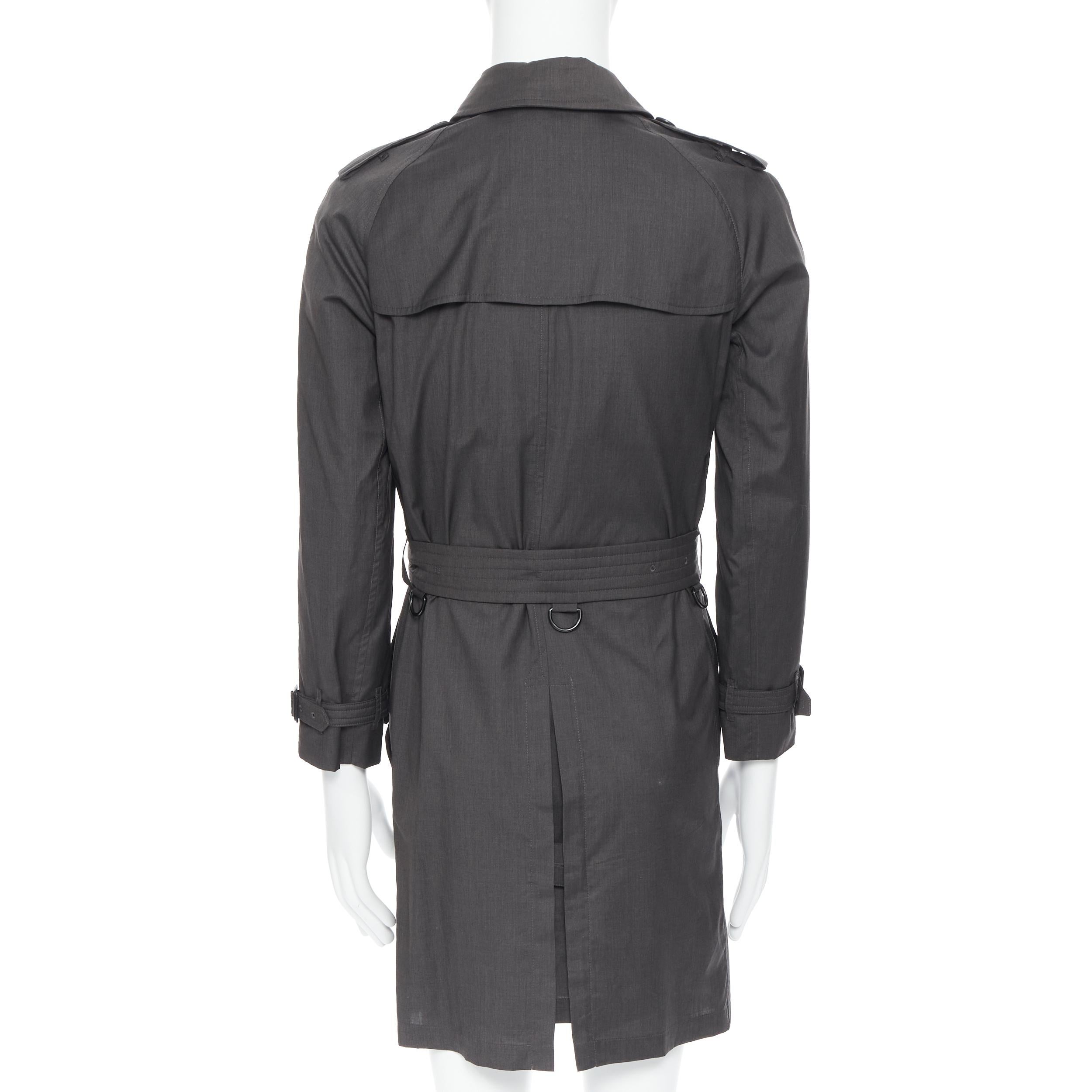 Black BURBERRY PRORSUM grey wool silk double breasted belted trench coat EU44 XS