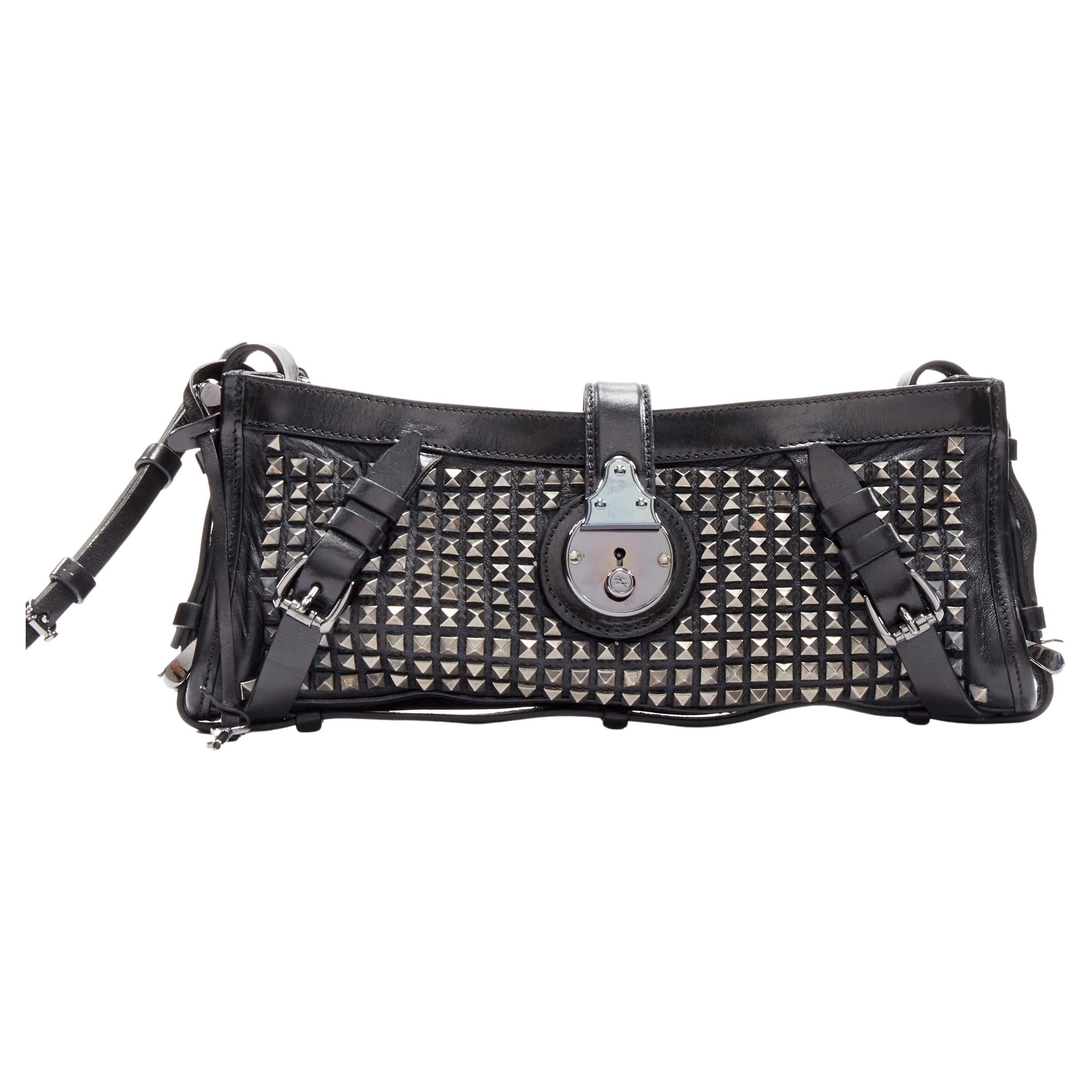 BURBERRY PRORSUM Knight black punk studded leather ruthenium buckle clutch