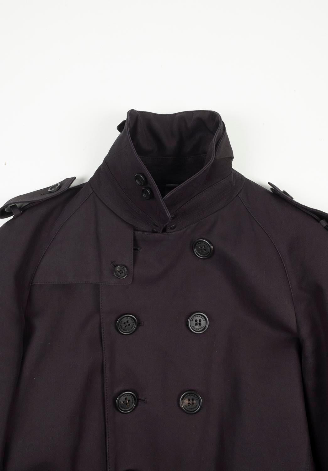 100% genuine Burberry Prorsum Runway Trench Coat, S604 
Color: black
(An actual color may a bit vary due to individual computer screen interpretation)
Material: 100% cotton
Tag size: ITA46 runs S/M
This coat is great quality item. Rate 9 of 10,