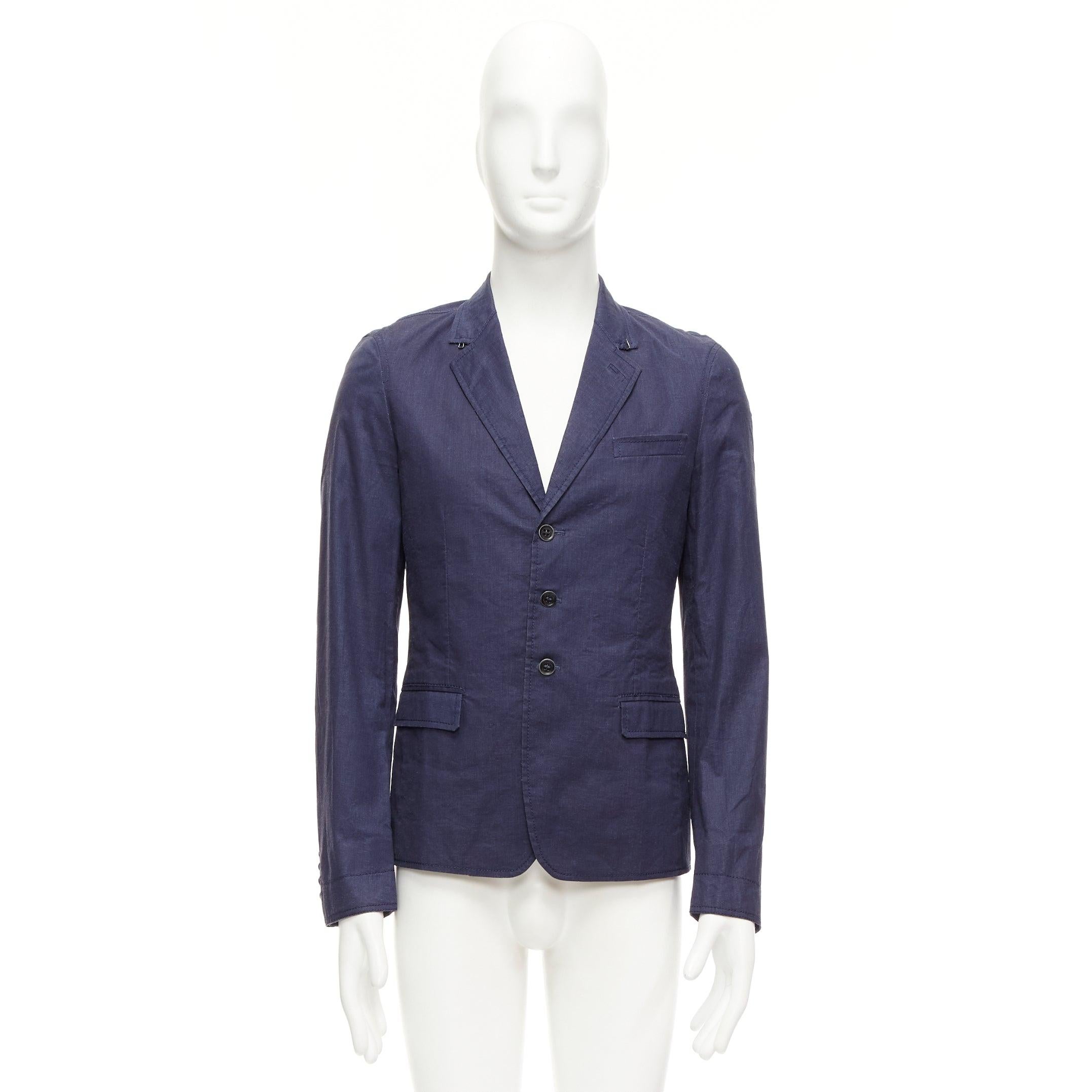 BURBERRY PRORSUM navy coated linen single breasted blazer jacket IT44 XS For Sale 7