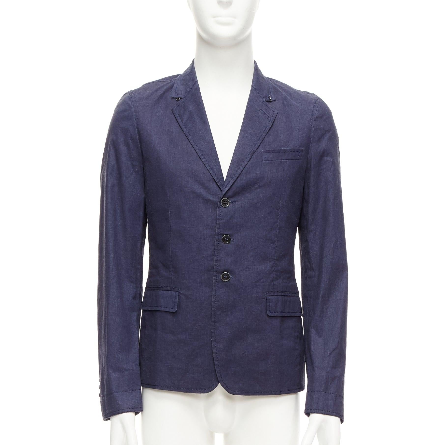 BURBERRY PRORSUM navy coated linen single breasted blazer jacket IT44 XS In Fair Condition For Sale In Hong Kong, NT