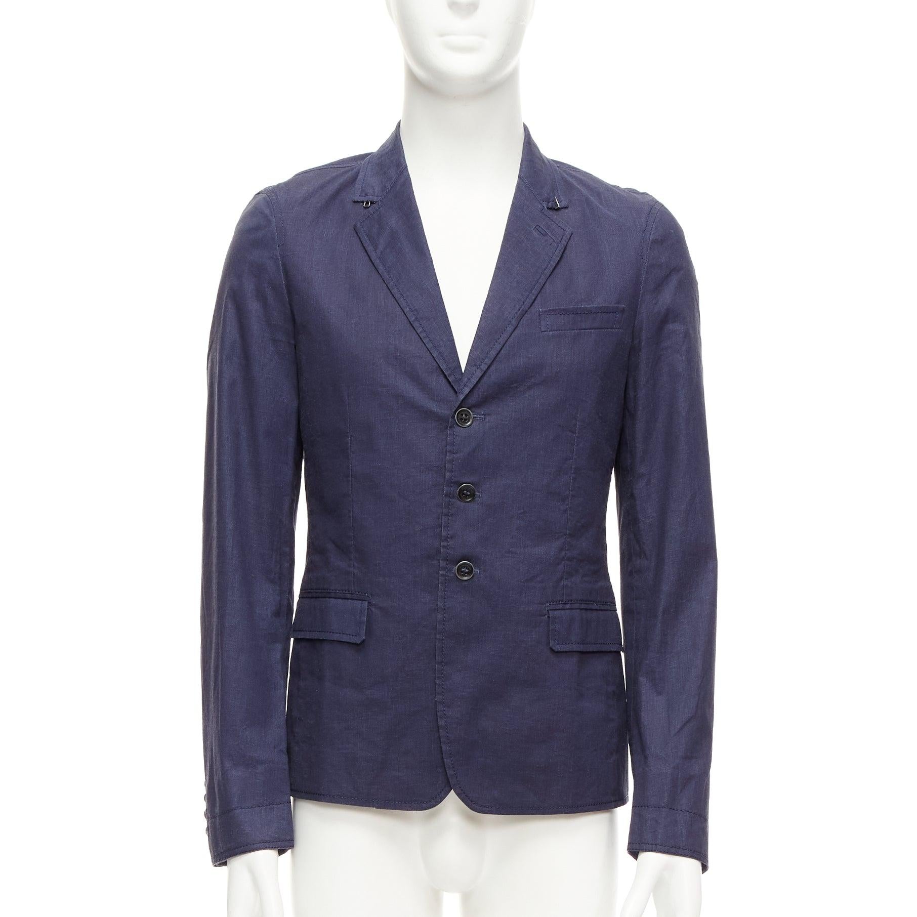 Noir BURBERRY PRORSUM blazer à simple boutonnage en lin recouvert de bleu marine IT44 XS en vente