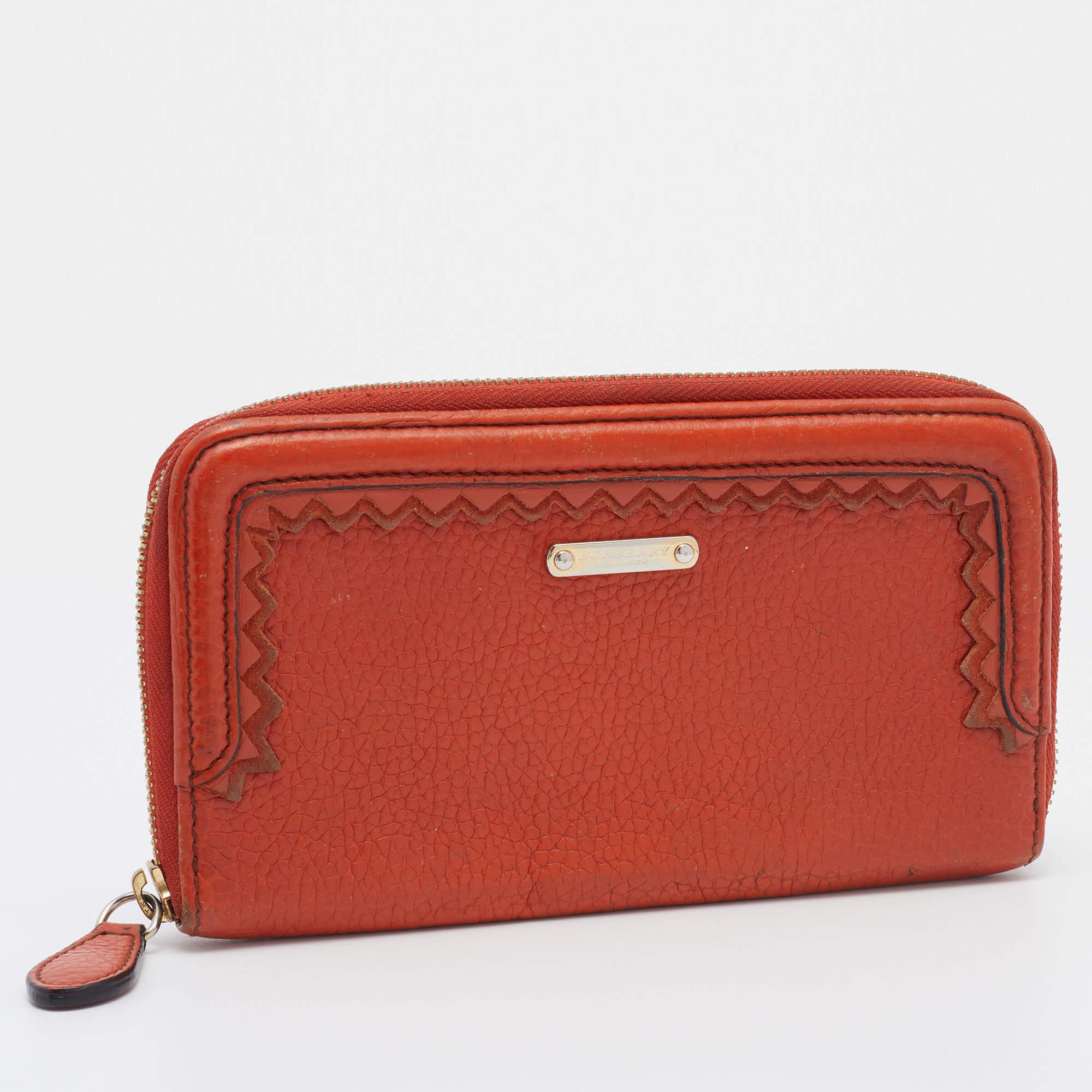 Red Burberry Prorsum Orange Leather Zip Around Wallet