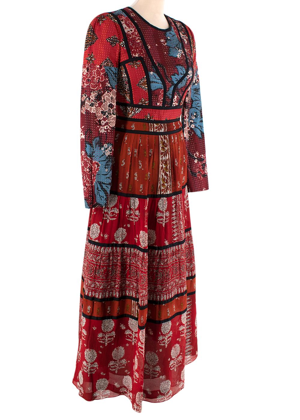 Burberry Prorsum Patchwork Red Silk Peasant Dress

- Beautiful peasant-syle dress by Burberry Prorsum iwth a 60's inspired overtone
- Crafted from silk crepon in red hues with a ditzy floral patchwork
- Scoop neck, long sleeve
- Structuted bodice,