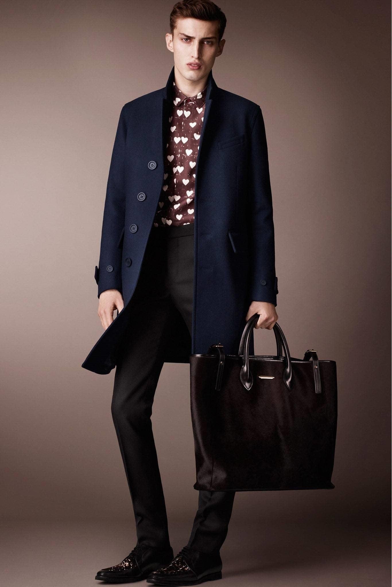 Burberry Prorsum Pre-Fall 2013 Navy Blue Overcoat by Christopher Bailey, lightweight, logo lining, collar, slit pockets and four button closure. Made in Italy.Very Good Condition. Light wear. 

Marked: 
 IT48 

Measurements: 
 Chest: 38 inches